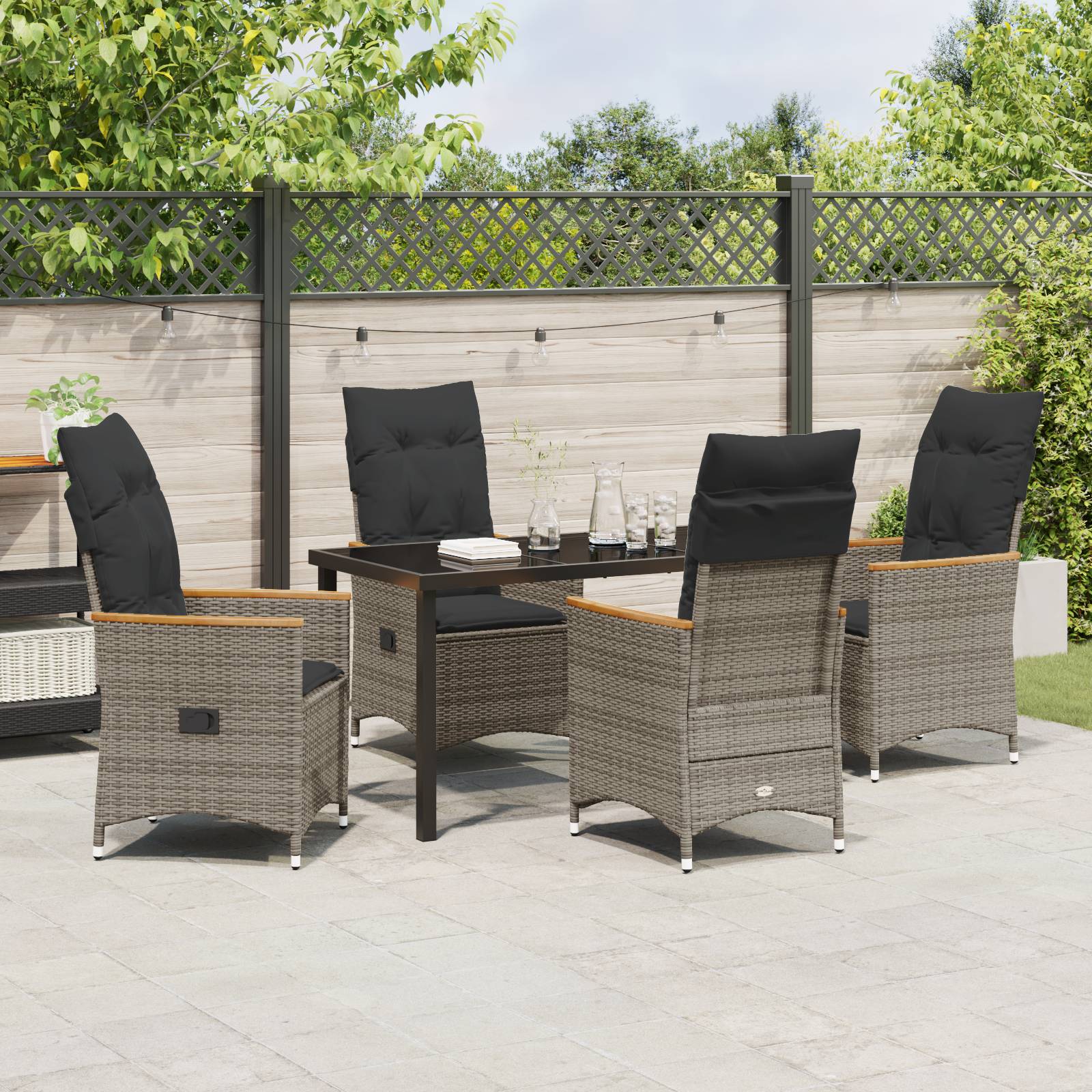 vidaXL 5-teiliges Garten-Esstisch-Set mit Kissen in grauem Poly-Rattan