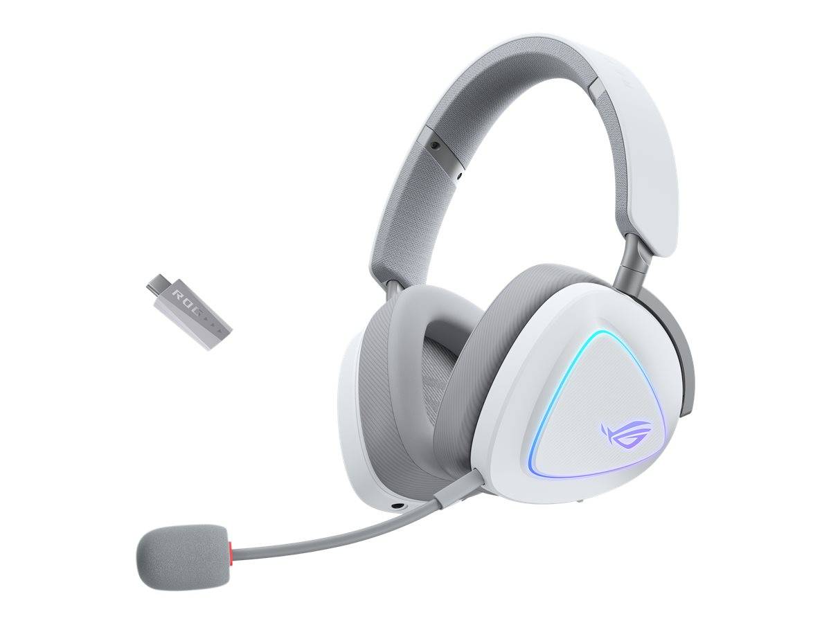 Weißes Over-Ear-Gaming-Headset mit Boom-Mikrofon und kabellosem USB-Adapter, gezeigt vor einem einfachen Hintergrund.