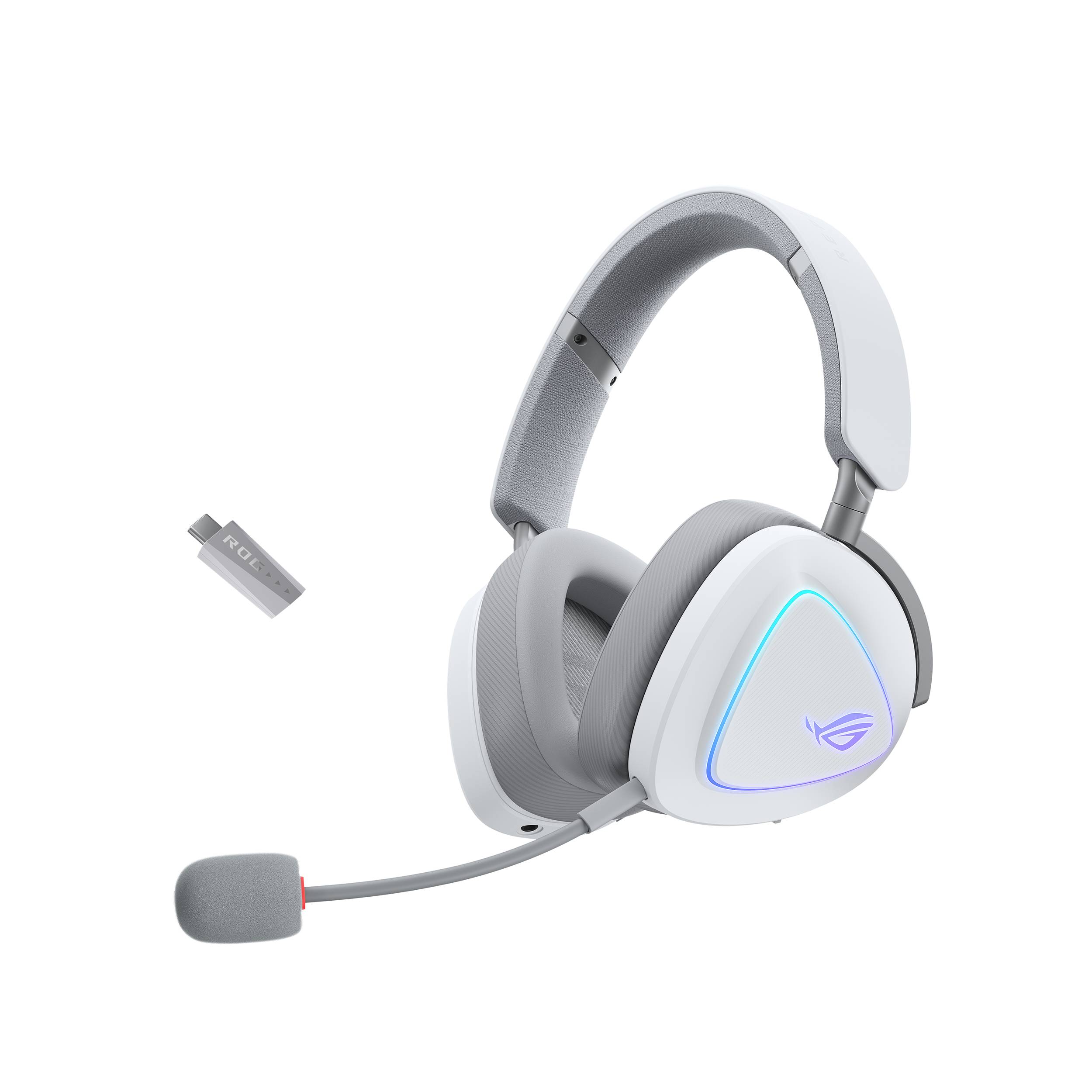 Weiß-grauer Over-Ear-Gaming-Kopfhörer mit Boom-Mikrofon und kleinem USB-Wireless-Adapter auf neutralem Hintergrund gezeigt.
