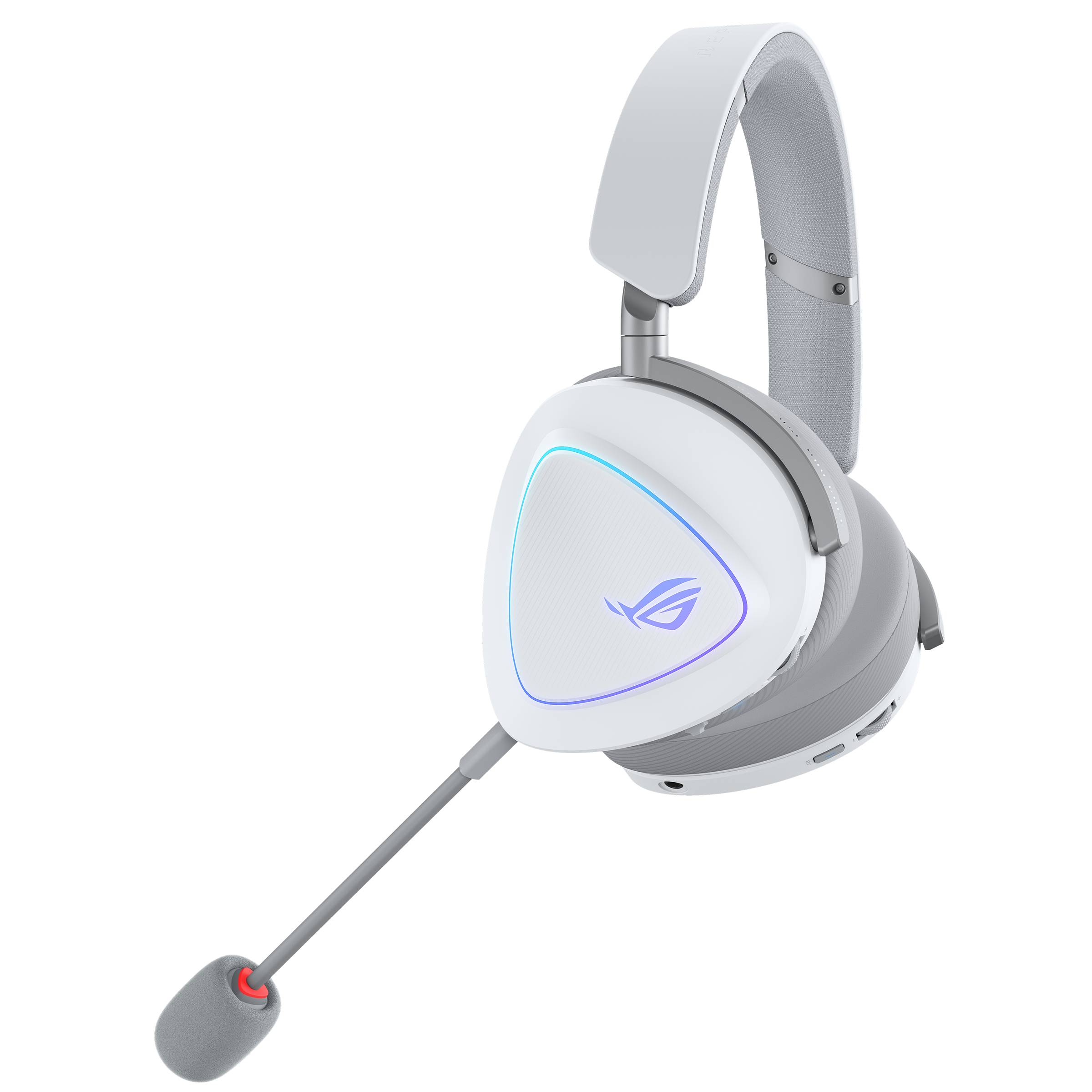 Weißes Over-Ear-Gaming-Headset mit Boom-Mikrofon und leuchtendem ROG-Logo auf schwarzem Hintergrund.