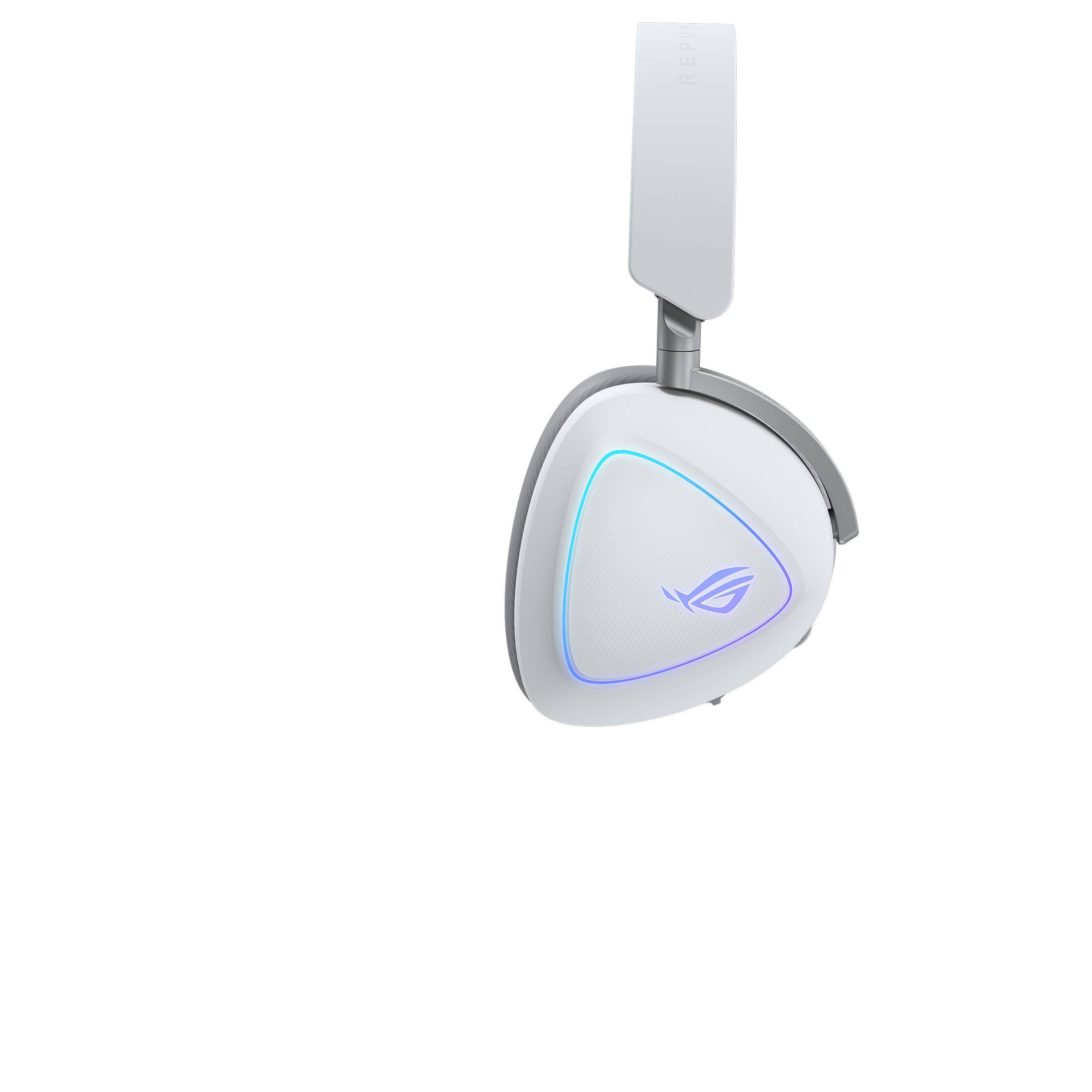 Weißes Over-Ear-Gaming-Headset mit RGB-beleuchteter dreieckiger Ohrmuschel und ROG-Logo, gezeigt auf schwarzem Hintergrund.