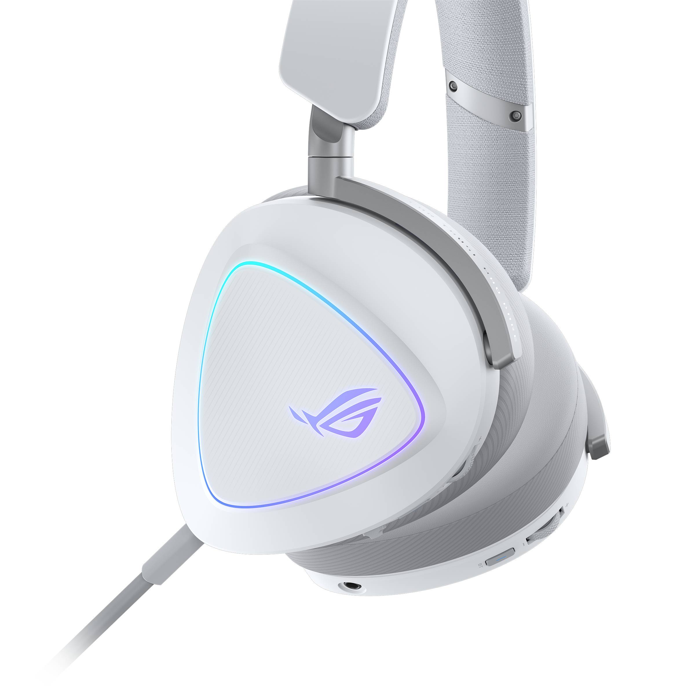 Weißes Over-Ear-Gaming-Headset mit leuchtendem ROG-Logo und angeschlossenem Kabel auf schwarzem Hintergrund.