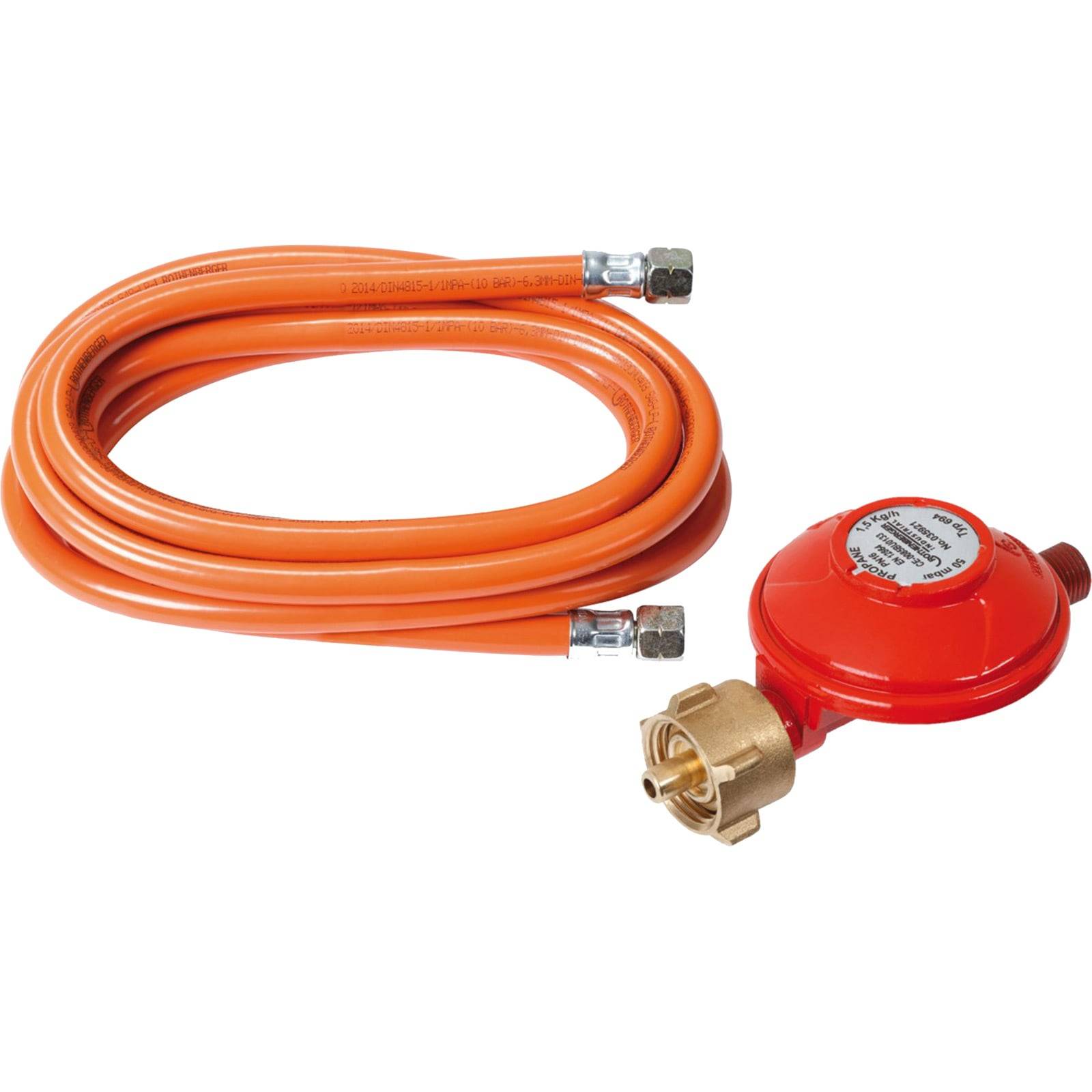 Orangefarbener Gasschlauch mit angebrachtem Druckregler. Geeignet zum Anschluss von Gasgeräten an Flüssiggasflaschen. Enthält Messingarmatur.