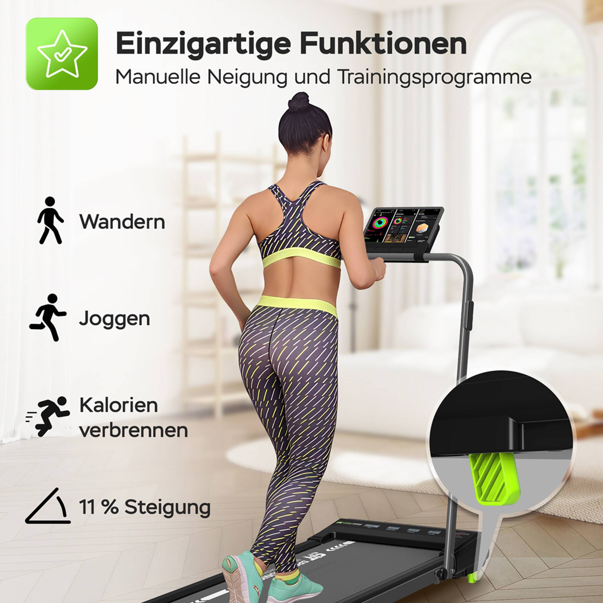 Cardio Laufband & Cardiotrainer bis 10 km/h, 2 Steigungsstufen, 6 Programme, LED-Display & Tablet-Halterung, bis 120 kg, klappbares Walking Pad für