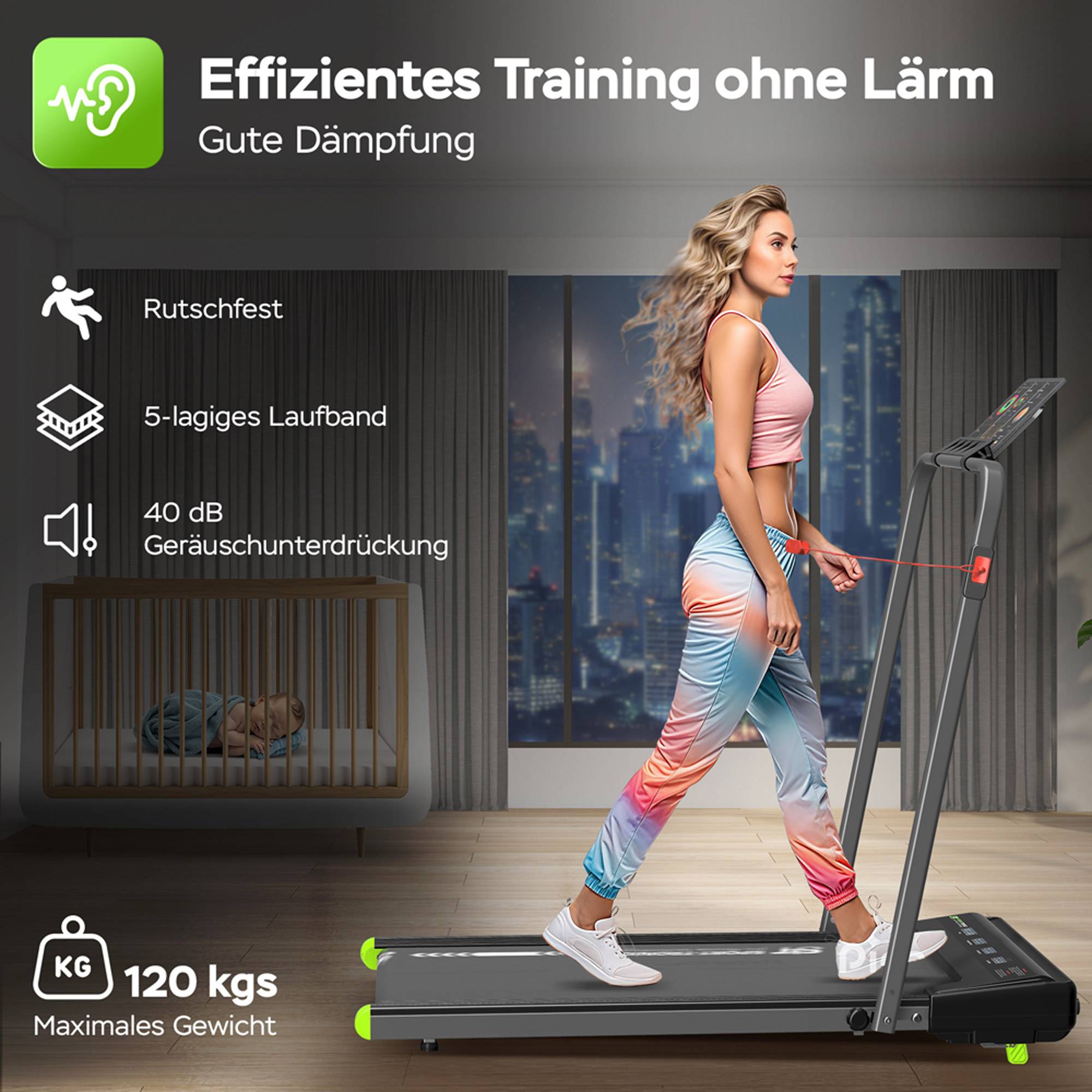 Cardio Laufband & Cardiotrainer bis 10 km/h, 2 Steigungsstufen, 6 Programme, LED-Display & Tablet-Halterung, bis 120 kg, klappbares Walking Pad für