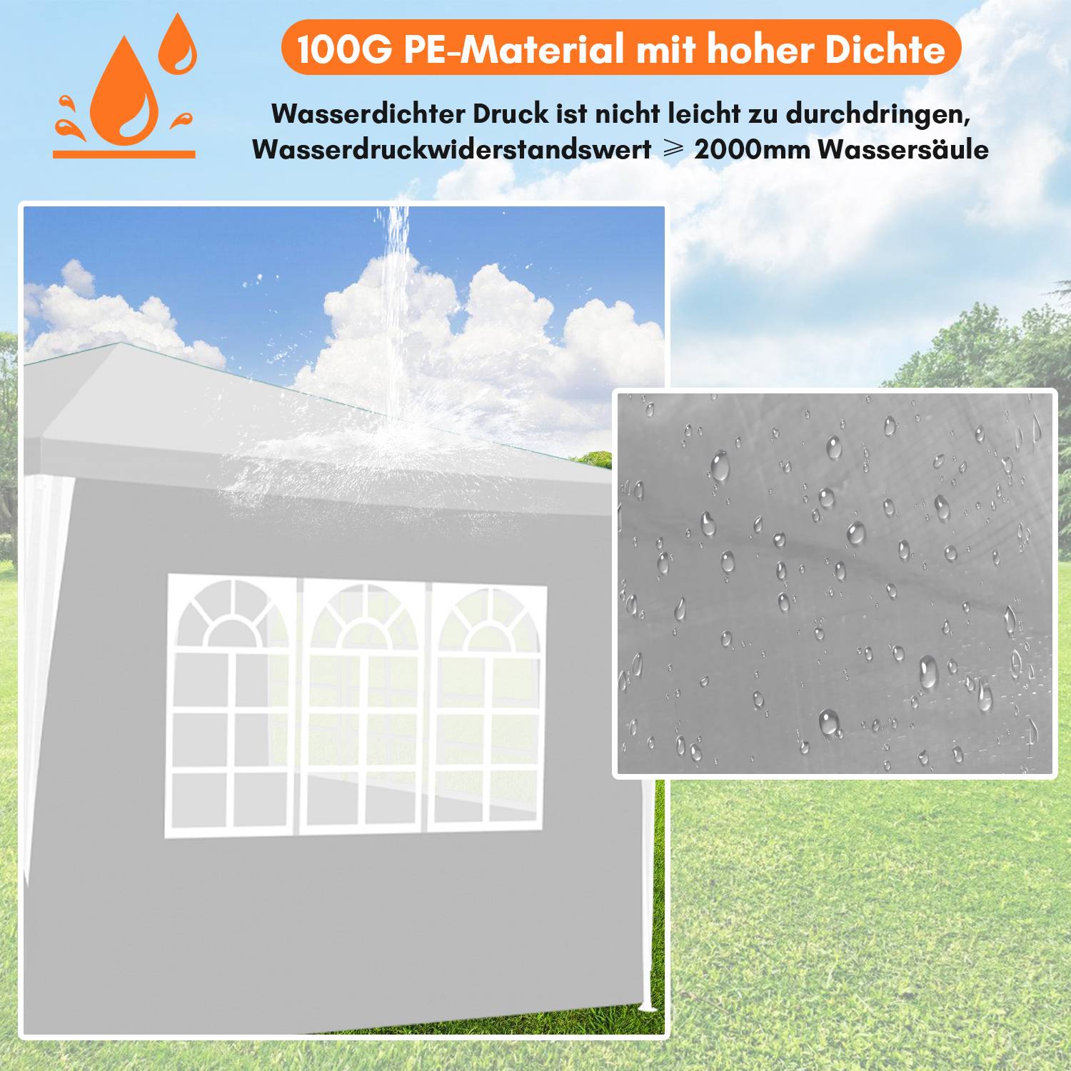 Pavillon 3x3m, Festzelt Gartenzelt Wasserdicht, UV-Schutz, mit 3 Seitenteilen und 1 Eingängen, für Garten Terrasse Feier Party, weiß