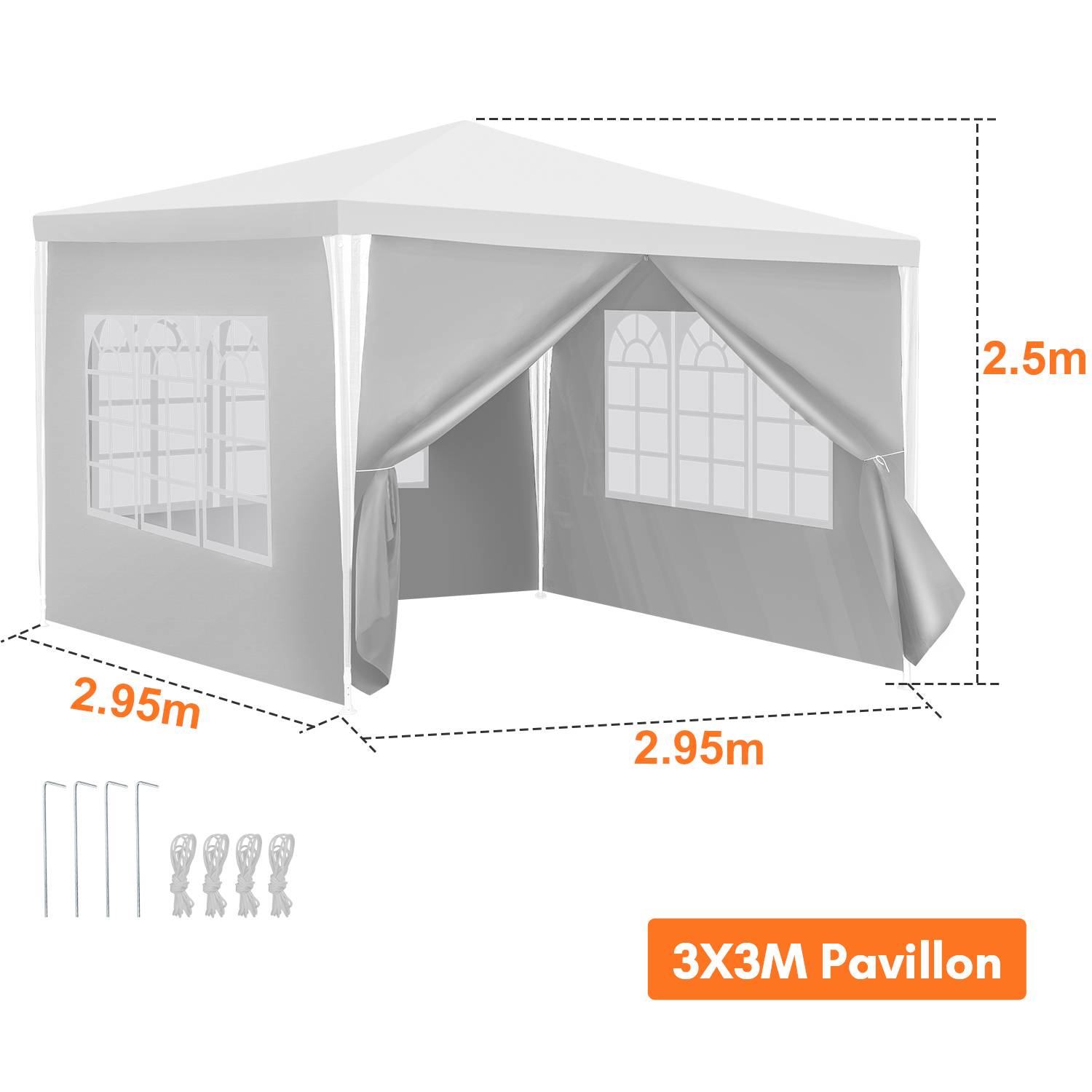 Pavillon 3x3m, Festzelt Gartenzelt Wasserdicht, UV-Schutz, mit 3 Seitenteilen und 1 Eingängen, für Garten Terrasse Feier Party, weiß