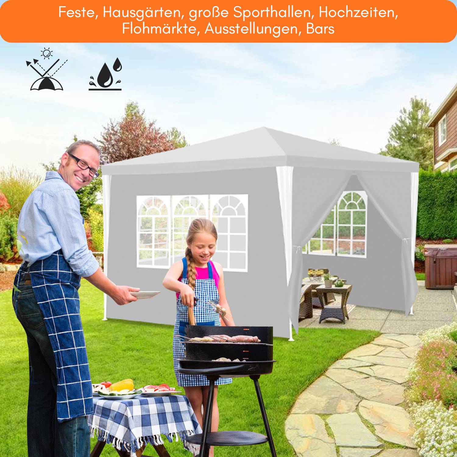 3 x 3 m Garten Pavillon mit 4 Seitenteilen tragbares wasserdichtes Zelt Partyzelt, für Garten Terrasse Feier Party,weiß