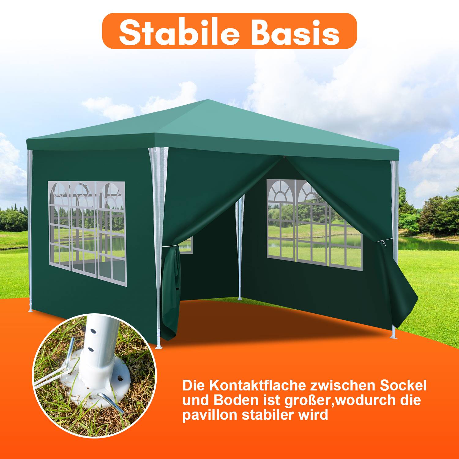 Pavillon 3x3m, Festzelt Gartenzelt Wasserdicht, UV-Schutz, mit 3 Seitenteilen und 1 Eingängen, für Garten Terrasse Feier Party, Grün