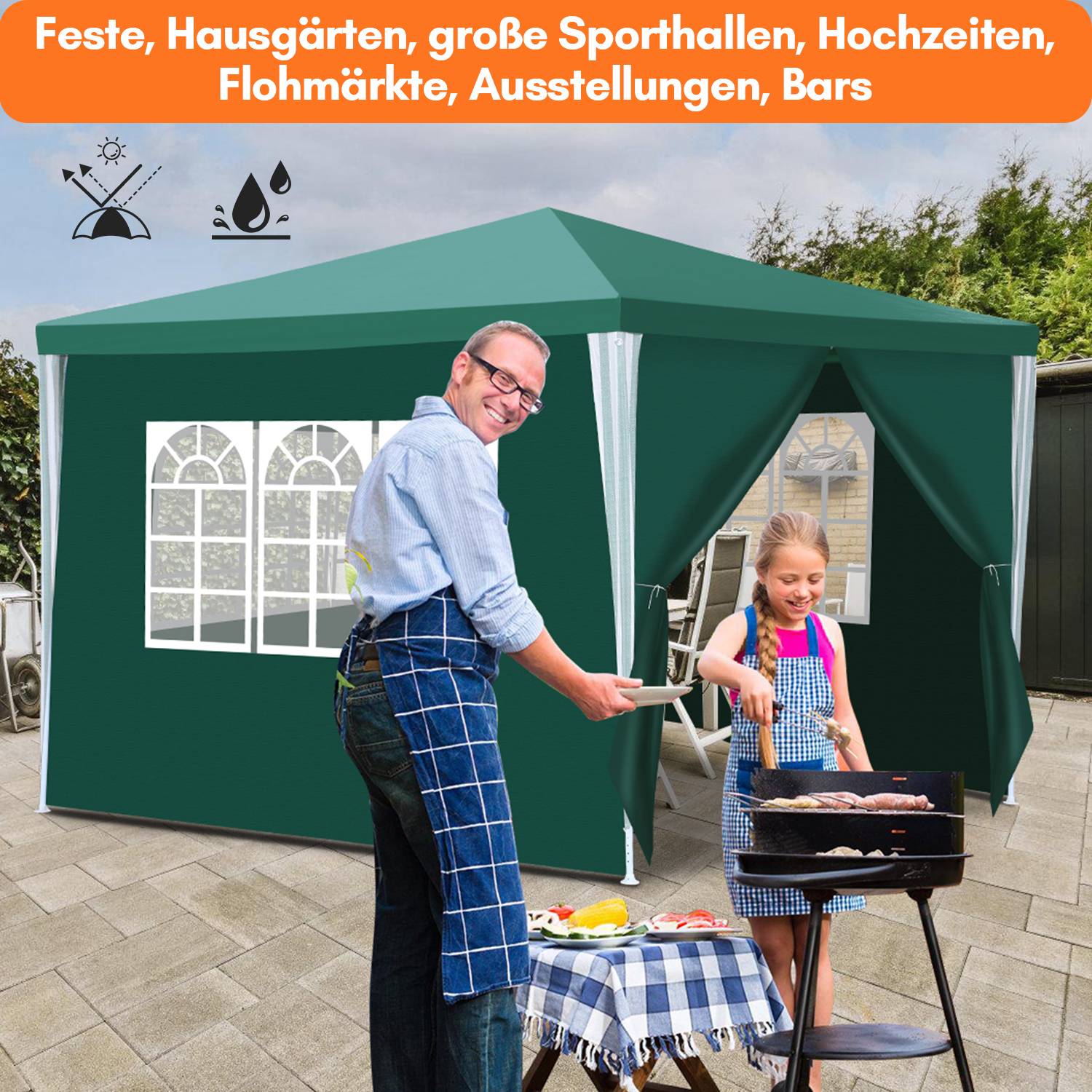 Pavillon 3x3m, Festzelt Gartenzelt Wasserdicht, UV-Schutz, mit 3 Seitenteilen und 1 Eingängen, für Garten Terrasse Feier Party, Grün