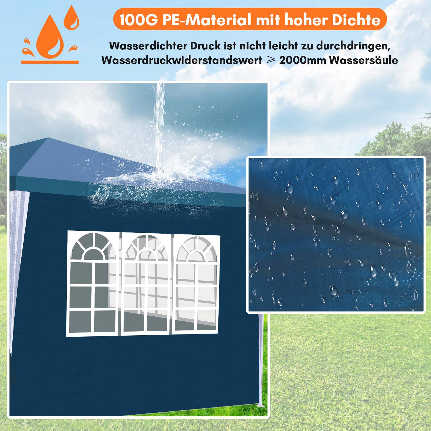 Pavillon 3x3m, Festzelt Gartenzelt Wasserdicht, UV-Schutz, mit 3 Seitenteilen und 1 Eingängen, für Garten Terrasse Feier Party, Blau