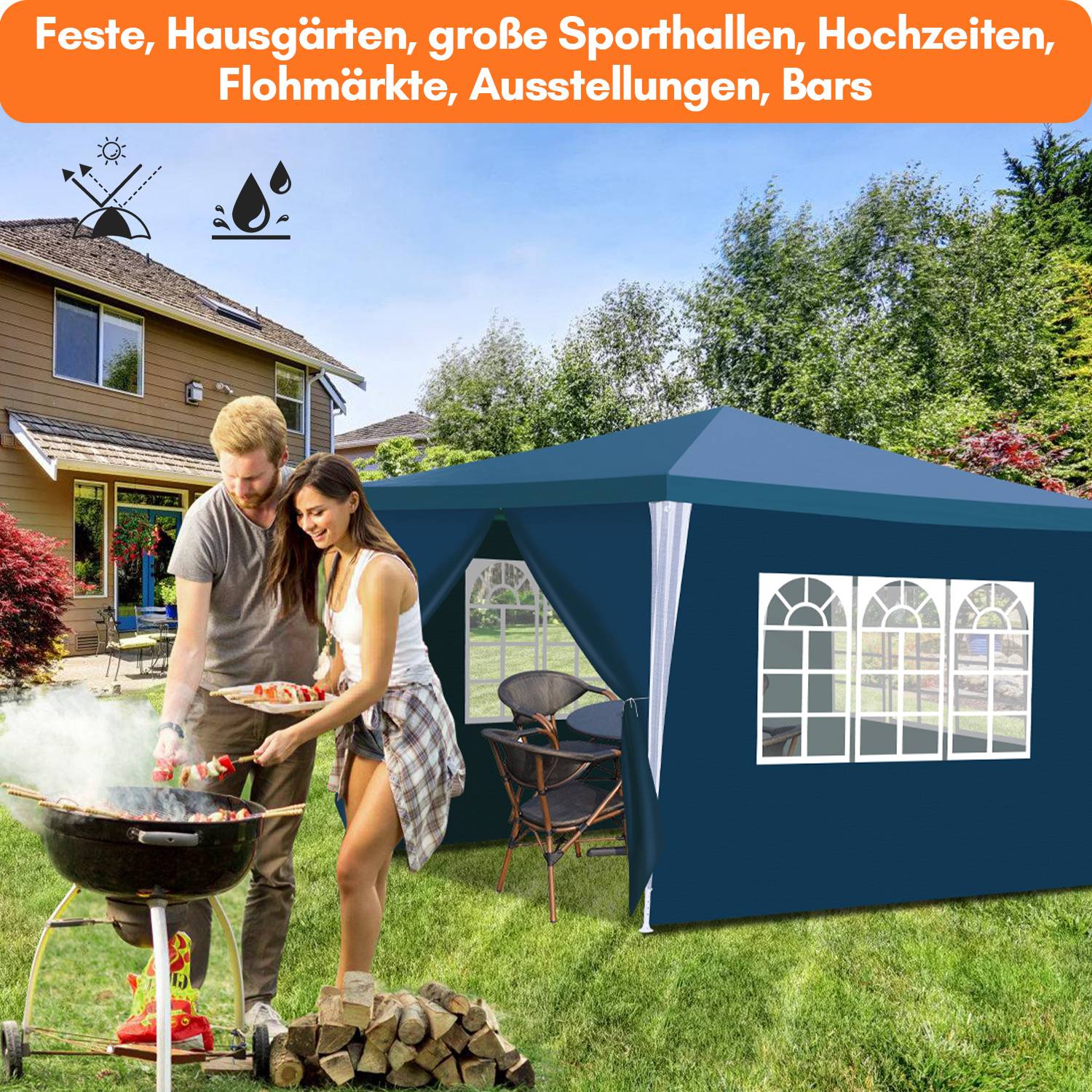 Pavillon 3x3m, Festzelt Gartenzelt Wasserdicht, UV-Schutz, mit 3 Seitenteilen und 1 Eingängen, für Garten Terrasse Feier Party, Blau