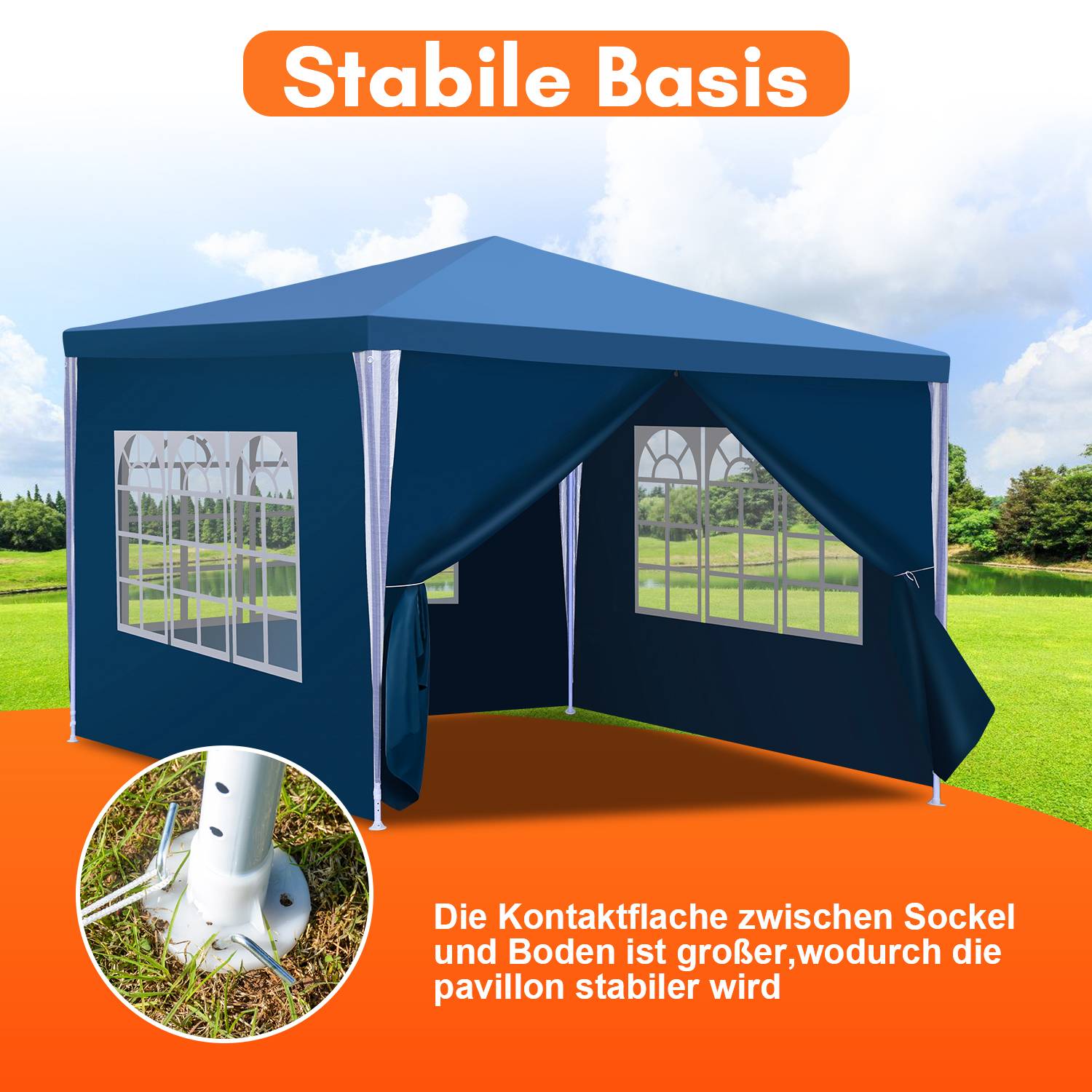 Pavillon 3x3m, Festzelt Gartenzelt Wasserdicht, UV-Schutz, mit 3 Seitenteilen und 1 Eingängen, für Garten Terrasse Feier Party, Blau