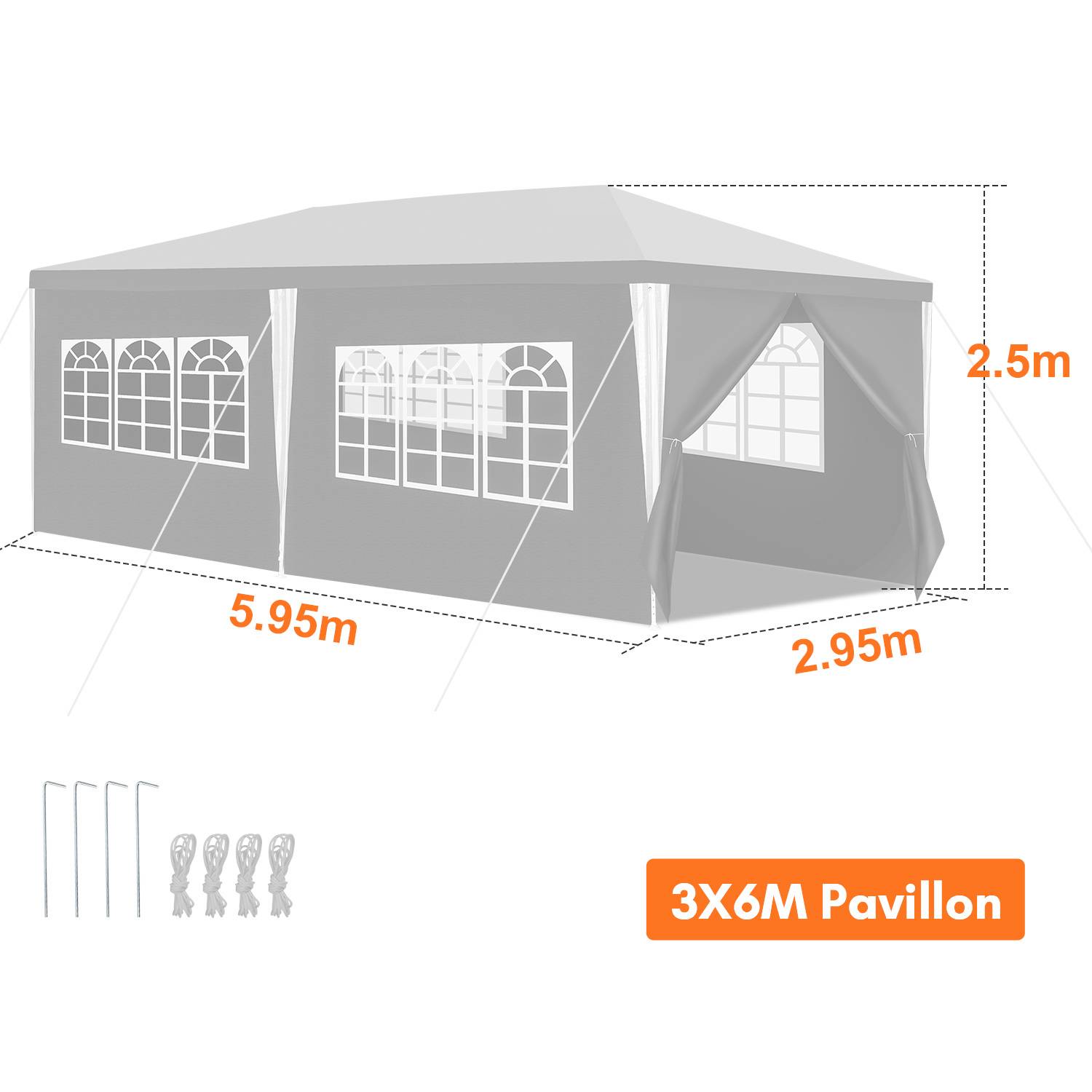 Pavillon 3x6m, Festzelt Gartenzelt Wasserdicht, UV-Schutz, mit 5 Seitenteilen und 1 Eingängen, für Garten Terrasse Feier Party, weiß