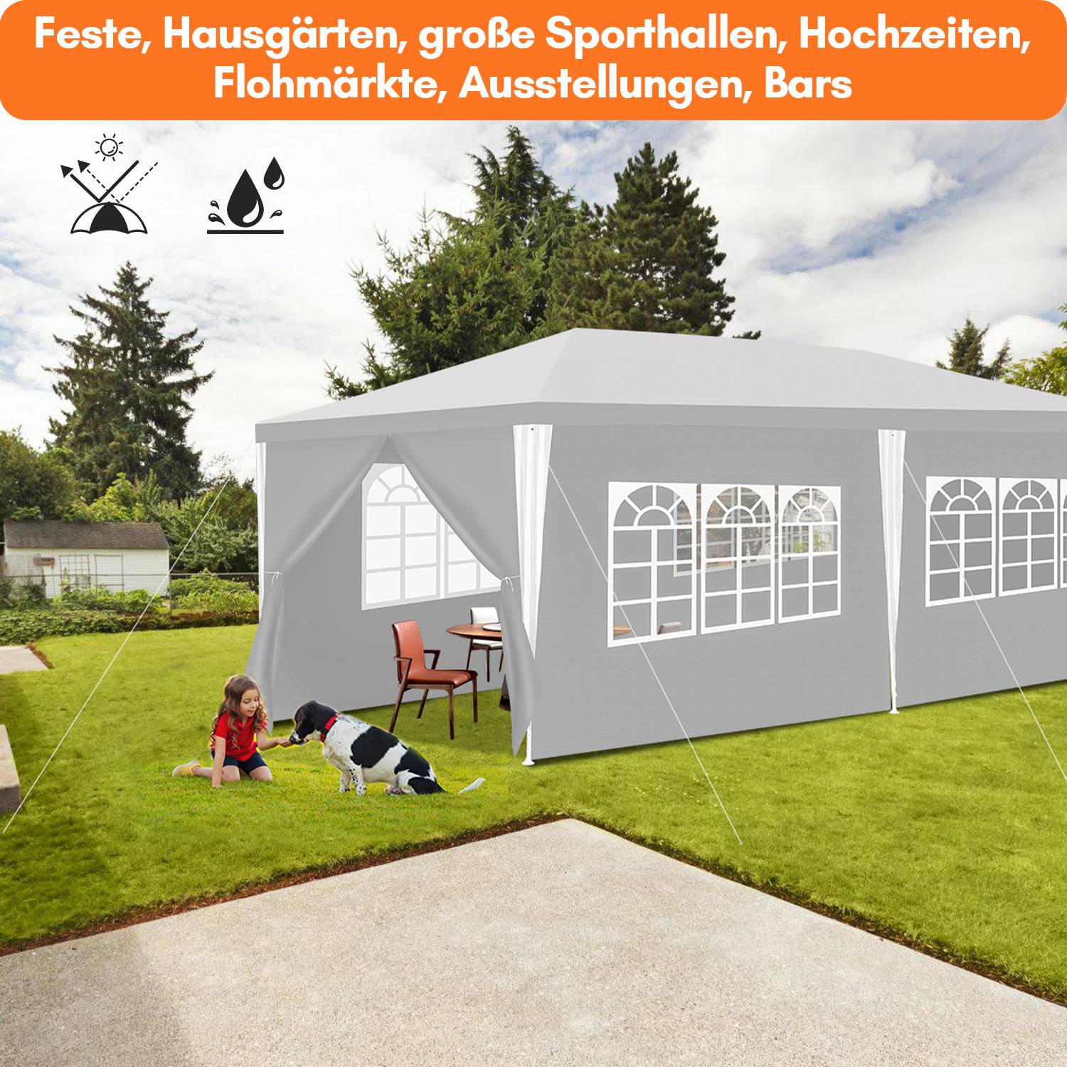 Pavillon 3x6m, Festzelt Gartenzelt Wasserdicht, UV-Schutz, mit 5 Seitenteilen und 1 Eingängen, für Garten Terrasse Feier Party, weiß