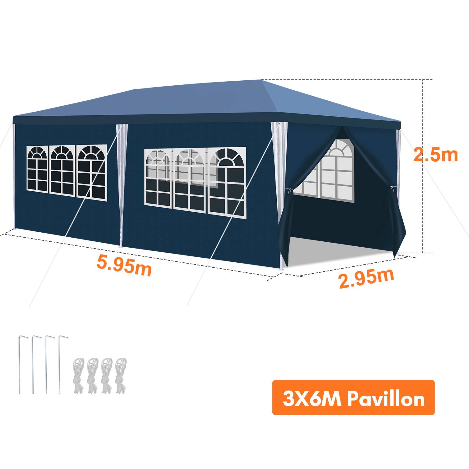 Pavillon 3x6m, Festzelt Gartenzelt Wasserdicht, UV-Schutz, mit 5 Seitenteilen und 1 Eingängen, für Garten Terrasse Feier Party, Blau