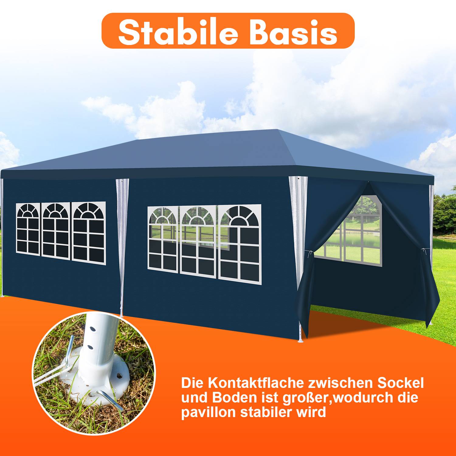 Pavillon 3x6m, Festzelt Gartenzelt Wasserdicht, UV-Schutz, mit 5 Seitenteilen und 1 Eingängen, für Garten Terrasse Feier Party, Blau