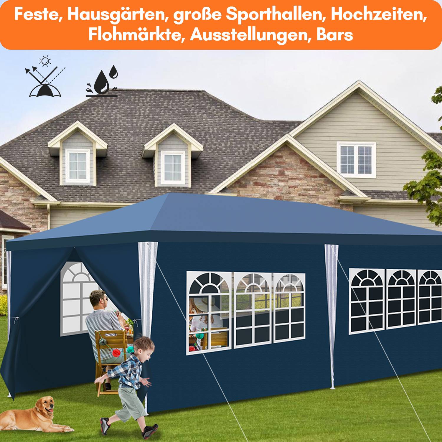 Pavillon 3x6m, Festzelt Gartenzelt Wasserdicht, UV-Schutz, mit 5 Seitenteilen und 1 Eingängen, für Garten Terrasse Feier Party, Blau
