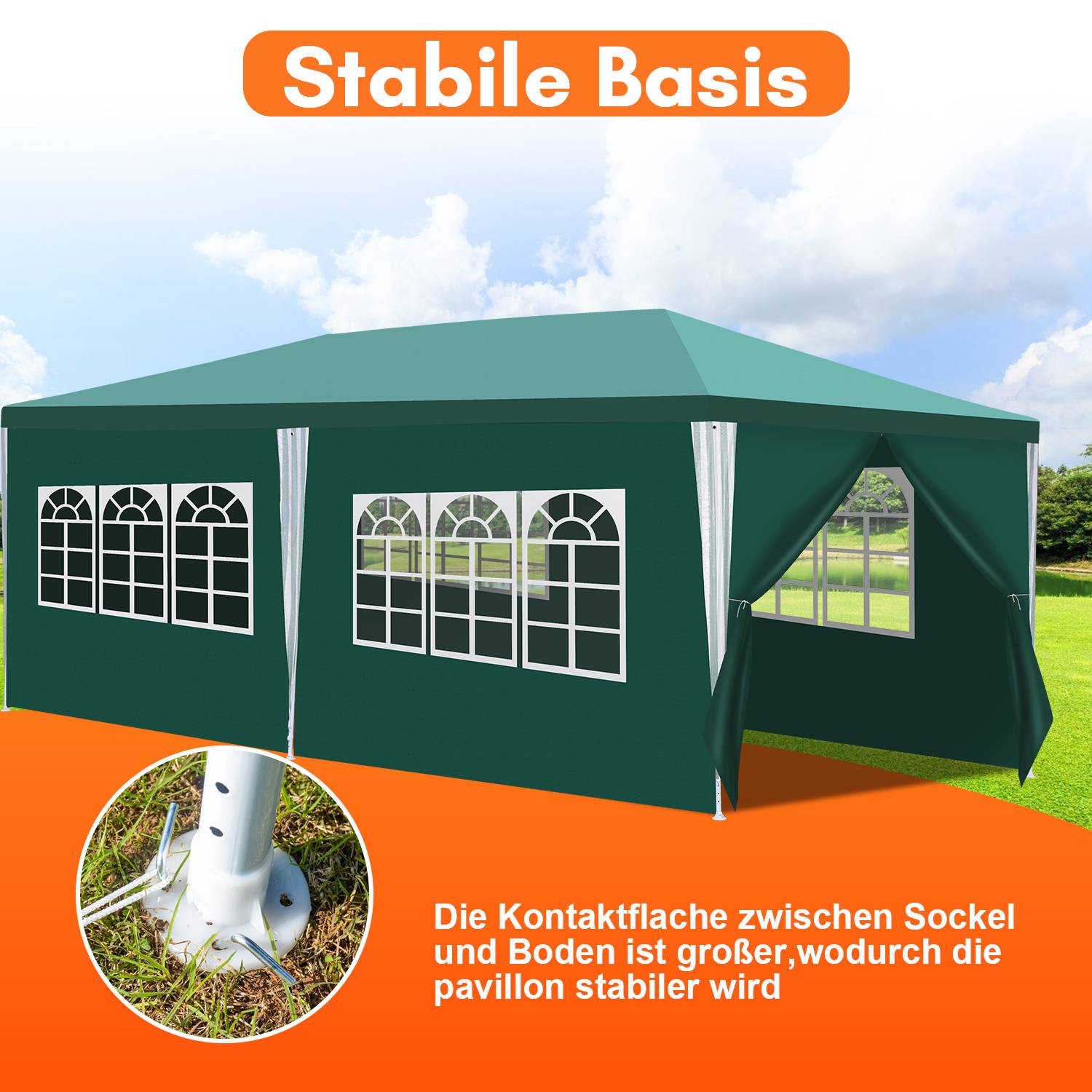 Pavillon 3x6m, Festzelt Gartenzelt Wasserdicht, UV-Schutz, mit 5 Seitenteilen und 1 Eingängen, für Garten Terrasse Feier Party, Grün