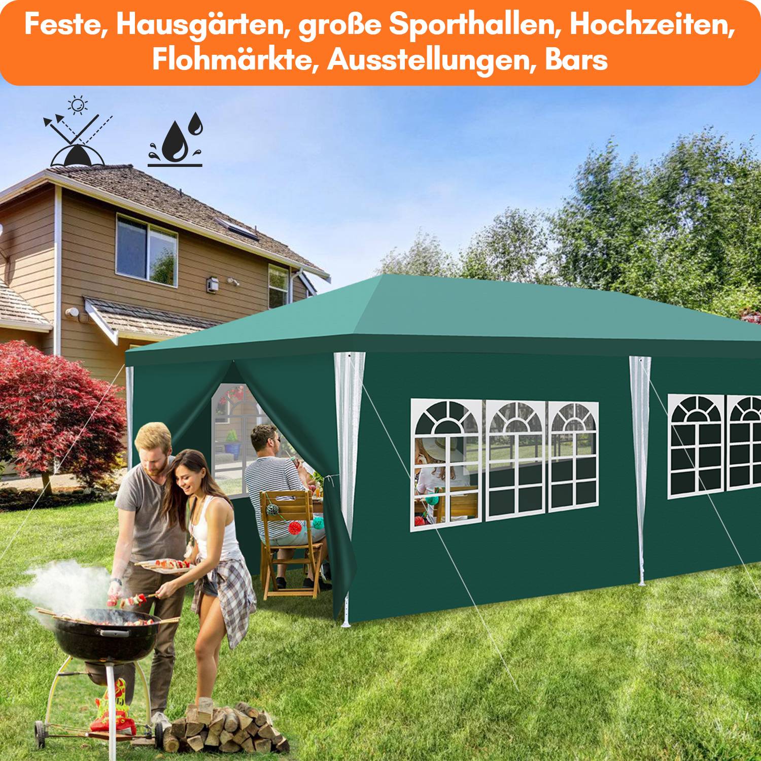 Pavillon 3x6m, Festzelt Gartenzelt Wasserdicht, UV-Schutz, mit 5 Seitenteilen und 1 Eingängen, für Garten Terrasse Feier Party, Grün