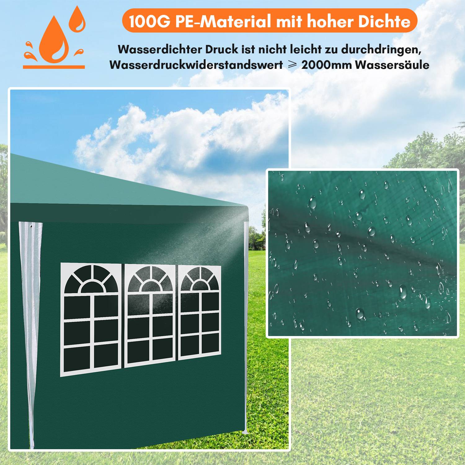 Pavillon 3x6m, Festzelt Gartenzelt Wasserdicht, UV-Schutz, mit 5 Seitenteilen und 1 Eingängen, für Garten Terrasse Feier Party, Grün