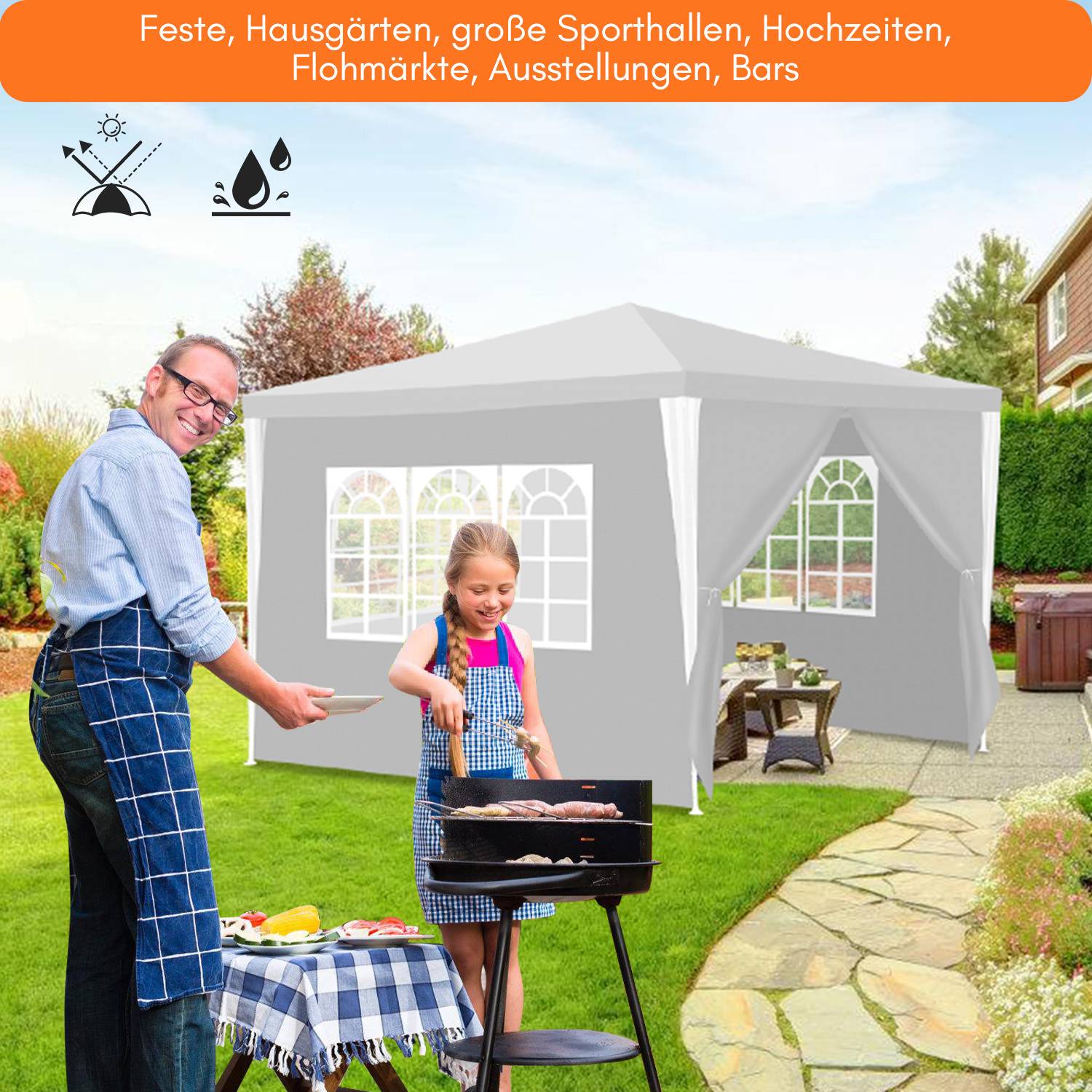 Mann und Mädchen grillen auf einer Gartenparty neben einem grauen Outdoor-Veranstaltungszelt, mit deutschem Text, der Zelte für Festivals, Hochzeiten und Märkte bewirbt.