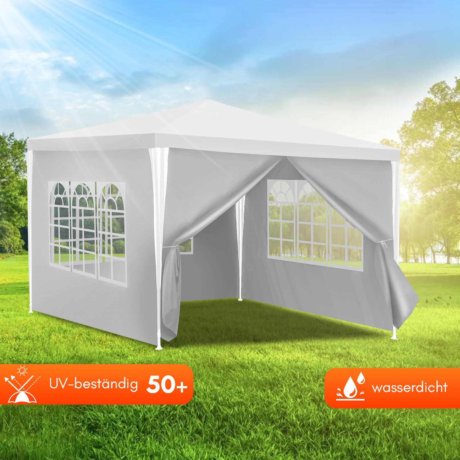 Graues Outdoor-Pavillon-Zelt auf Gras mit offener Front und Seitenfenstern; Etiketten sagen „UV-beständig 50+" und „wasserdicht"".