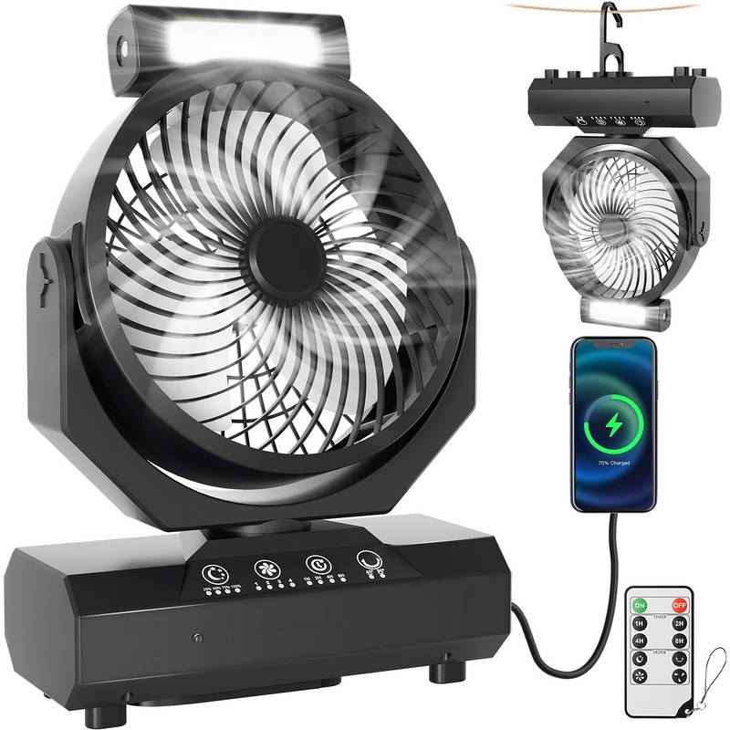 Tischventilator,Camping Ventilator, wiederaufladbar, 20000mAh Akku, 4 Geschwindigkeiten, mit Fernbedienung, LED Licht und Haken,für Outdoor