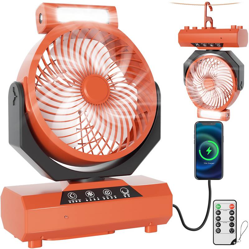 Tischventilator,Camping Ventilator, wiederaufladbar, 20000mAh Akku, 4 Geschwindigkeiten, mit Fernbedienung, LED Licht und Haken,für Outdoor