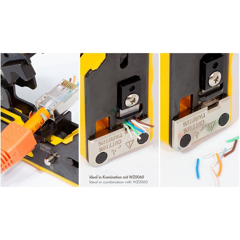 Netzwerkkabel-Installation mit einem Werkzeug für präzises Schneiden und Montage. Ideal in Kombination mit WZ0060.
