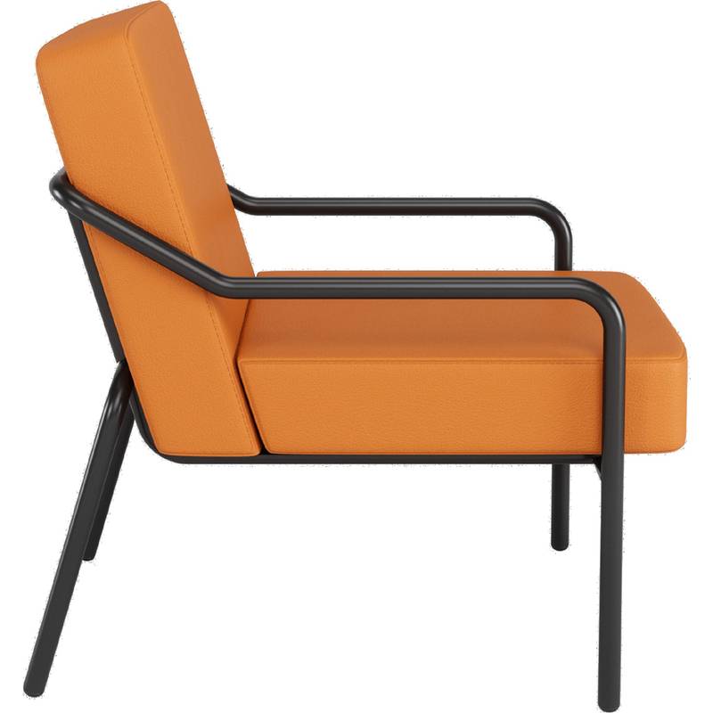 Orangefarbener gepolsterter Stuhl mit schwarzem Metallgestell, von der Seite betrachtet. Er hat ein schlankes, modernes Design mit einer leicht nach hinten geneigten Rückenlehne.