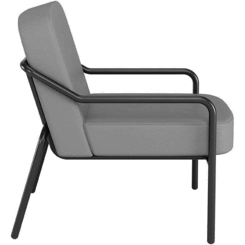 Ein moderner Stuhl mit schwarzem Metallgestell und grau gepolsterter Sitz- und Rückenfläche, von der Seite betrachtet. Das Design ist minimalistisch.