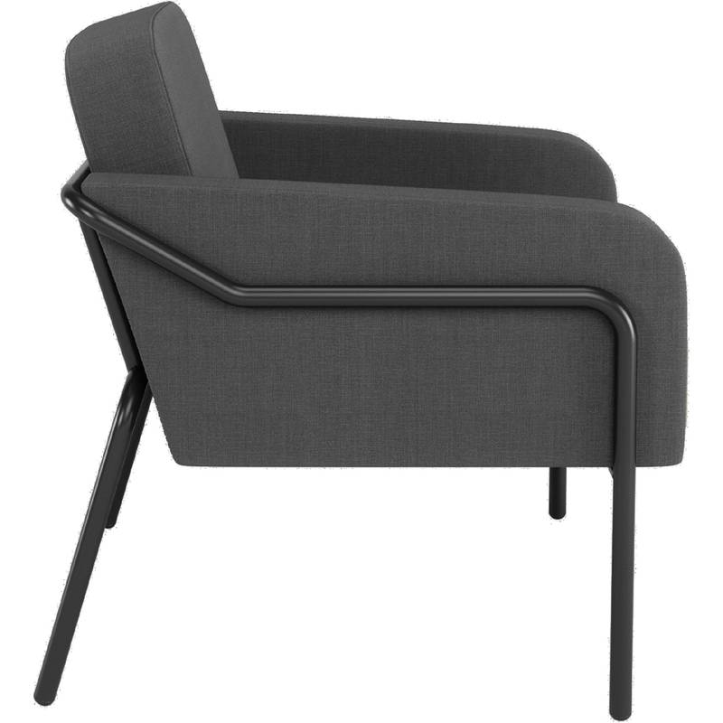 Dunkelgrauer Sessel mit modernem, minimalistischem Design, ausgestattet mit einem Metallgestell und gepolsterter Sitzfläche, von der Seite betrachtet.