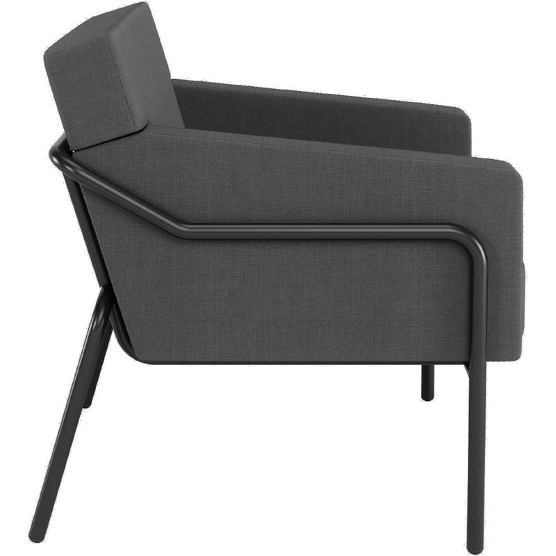 Ein moderner, dunkelgrauer Sessel mit schlanken Metallbeinen und einem minimalistischen Design, von der Seite betrachtet.