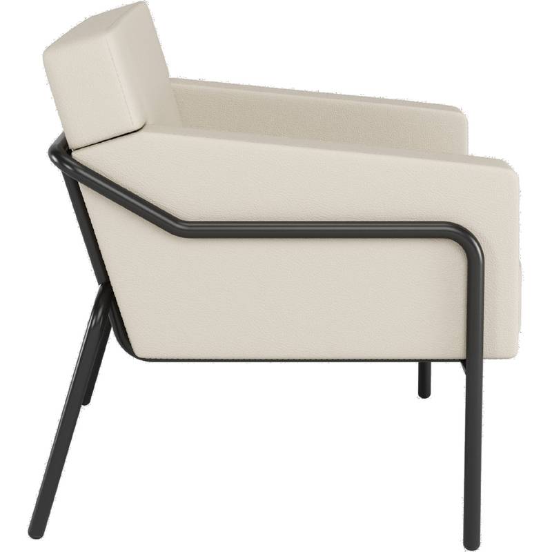 Seitenansicht eines modernen Sessels mit beige Polsterung und schwarzem Metallgestell, der sein elegantes, geometrisches Design präsentiert.