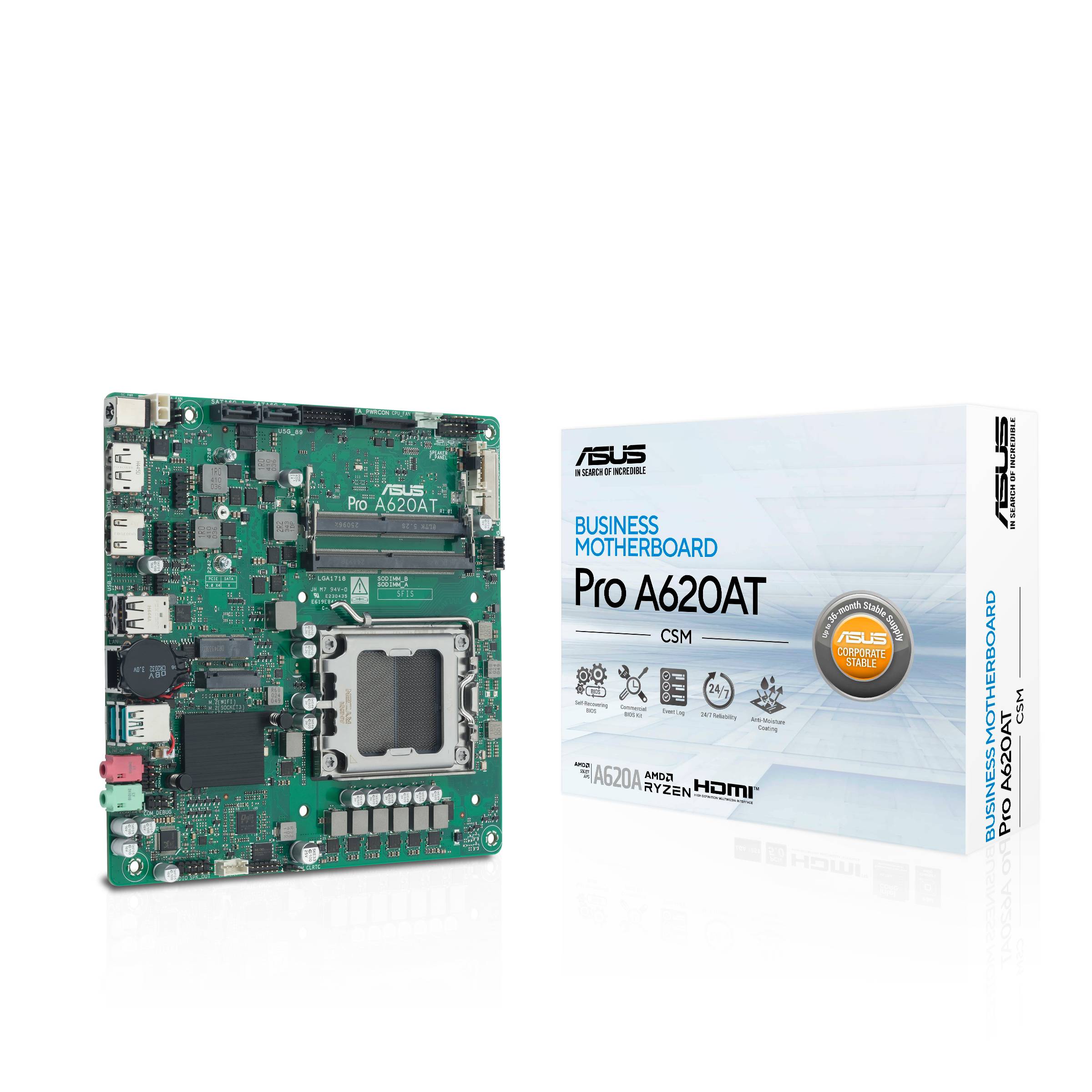 ASUS PRO A620AT-CSM - Motherboard - Mini-ITX - Socket AM5 - AMD A620A Chipsatz - USB-C 3.2 Gen2, USB 3.2 Gen 2, USB 3.2 Gen 1 - Gigabit LAN