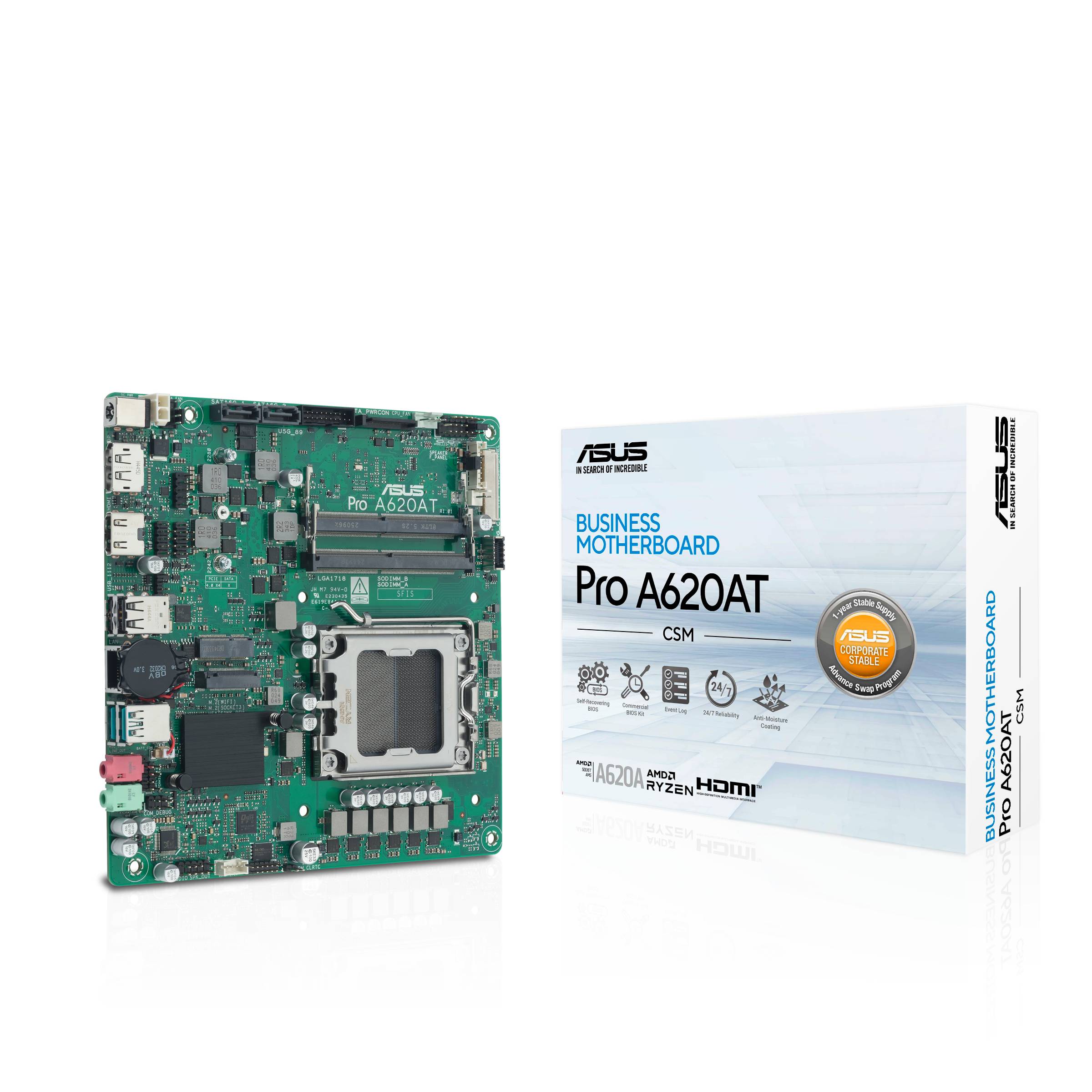 ASUS PRO A620AT-CSM - Motherboard - Mini-ITX - Socket AM5 - AMD A620A Chipsatz - USB-C 3.2 Gen2, USB 3.2 Gen 2, USB 3.2 Gen 1 - Gigabit LAN