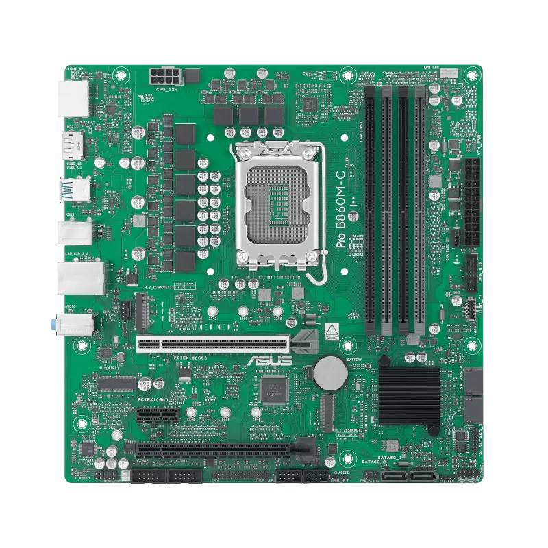 Ein quadratisches grünes Motherboard mit einer zentralen CPU-Buchse, verschiedenen integrierten Schaltkreisen, Steckplätzen für RAM und zahlreichen Anschlüssen für die Konnektivität.