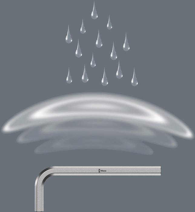 Stilisierte Darstellung von Regen, der auf eine gekrümmte Metallrinne oder Dachkante fällt, mit Darstellung des Wasserlauf-Schutzes.