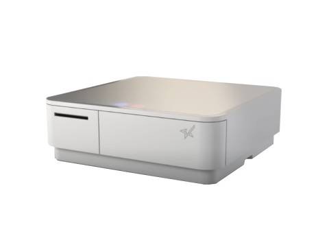 Ein kompakter weißer Drucker mit modernem Design und einem Logo an der Seite, geeignet für den Heim- oder Bürogebrauch.
