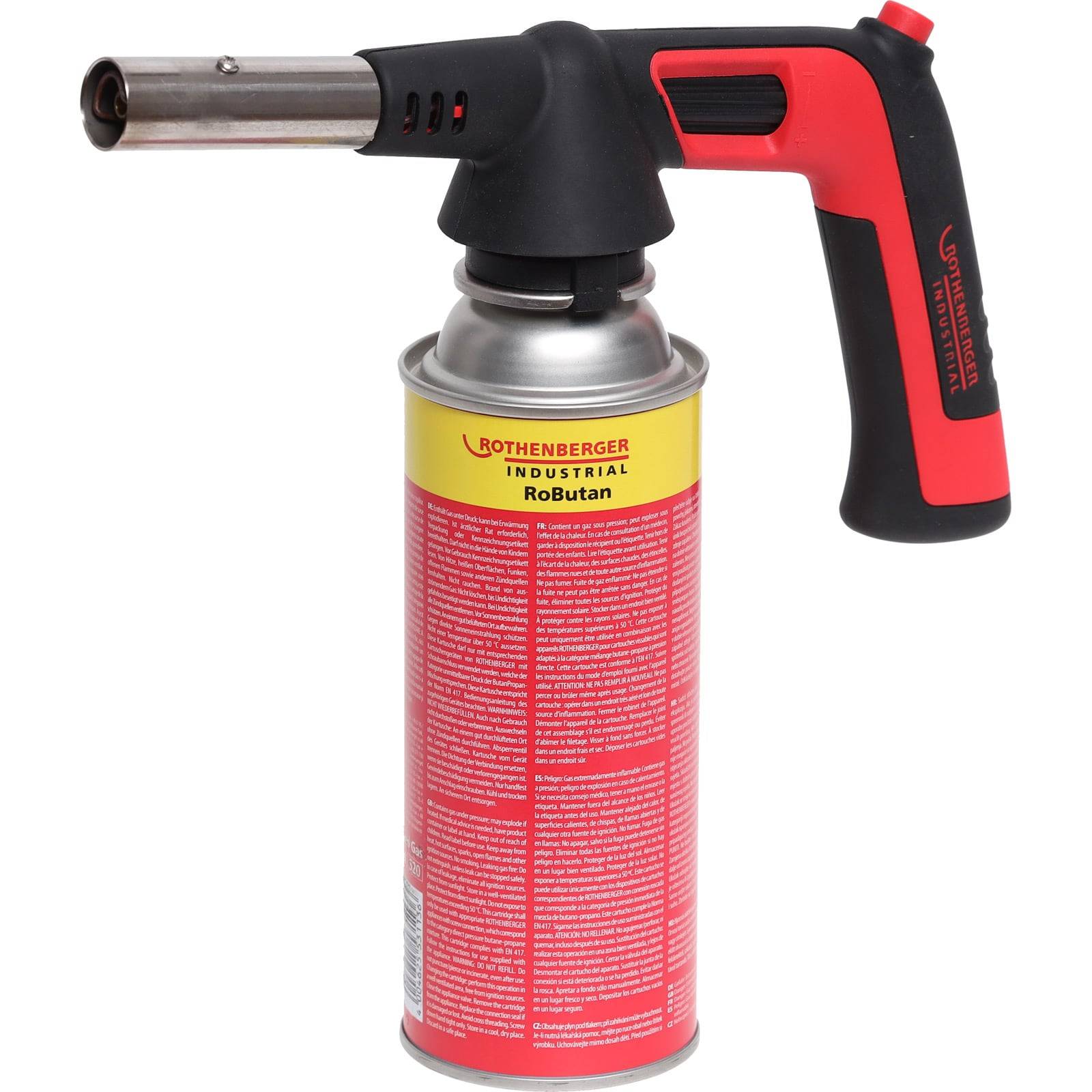Rothenberger Industrial RoButan' Brenner mit rotem Griff, angeschlossen an eine gelb-silberne Gaskartusche. Verwendet für Heizanwendungen.