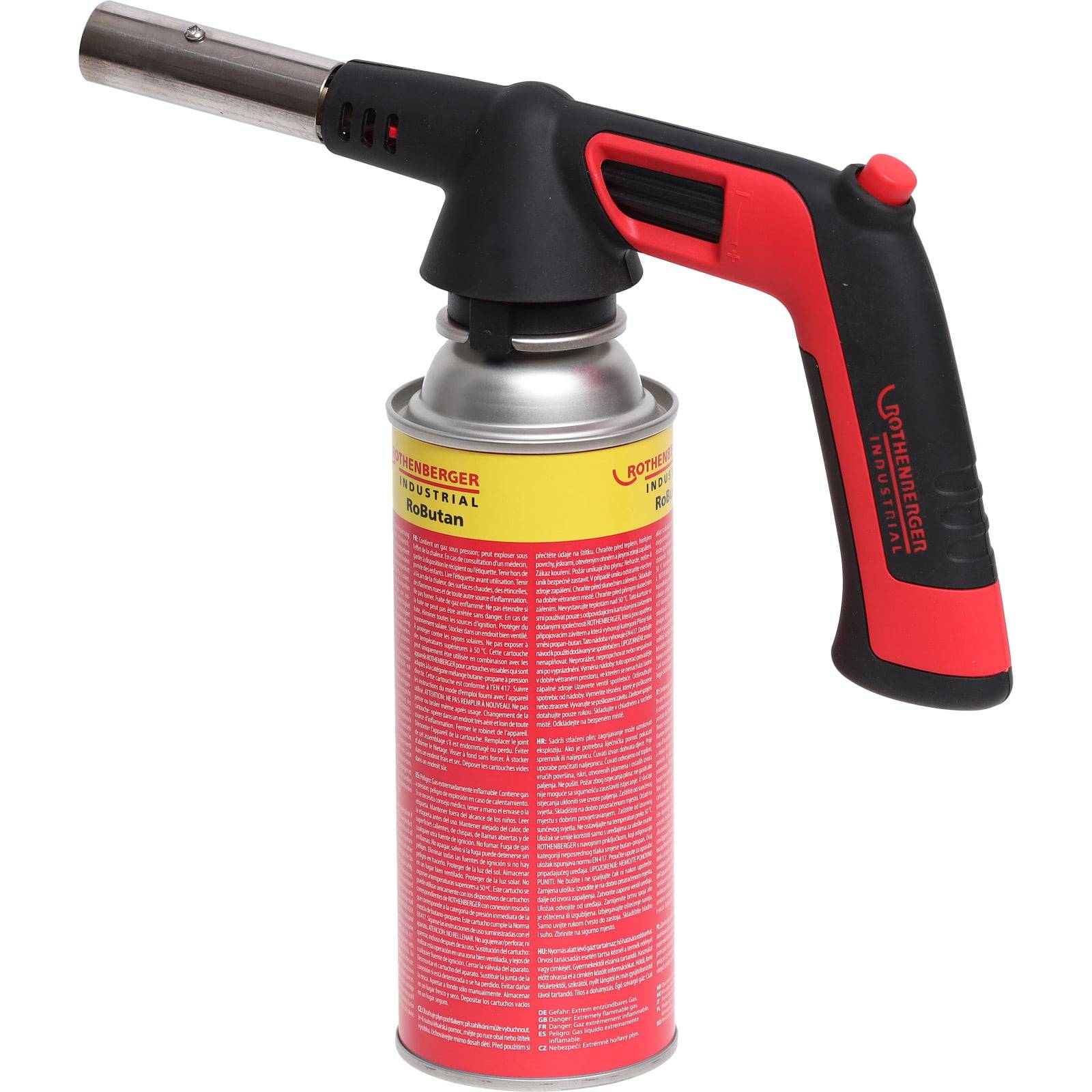 Ein roter und schwarzer Gasbrenner mit angeschlossener Gaskartusche, typischerweise für Schweißarbeiten oder Heizzwecke verwendet.