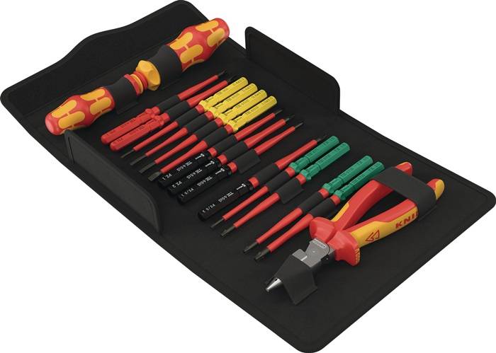Isoliertes Elektrikerschraubendrehersatz in einem schwarzen Koffer, mit rot-, gelb- und grüngeführten Werkzeugen und einem Spannungsprüfer für Elektroarbeiten.