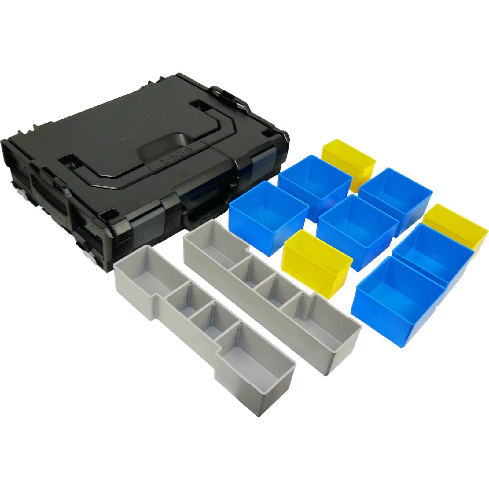 Ein schwarzes Aufbewahrungskoffer mit mehreren kleineren blauen und gelben Behältern und zwei grauen Trennern zum Organisieren von Werkzeugen oder kleinen Gegenständen.