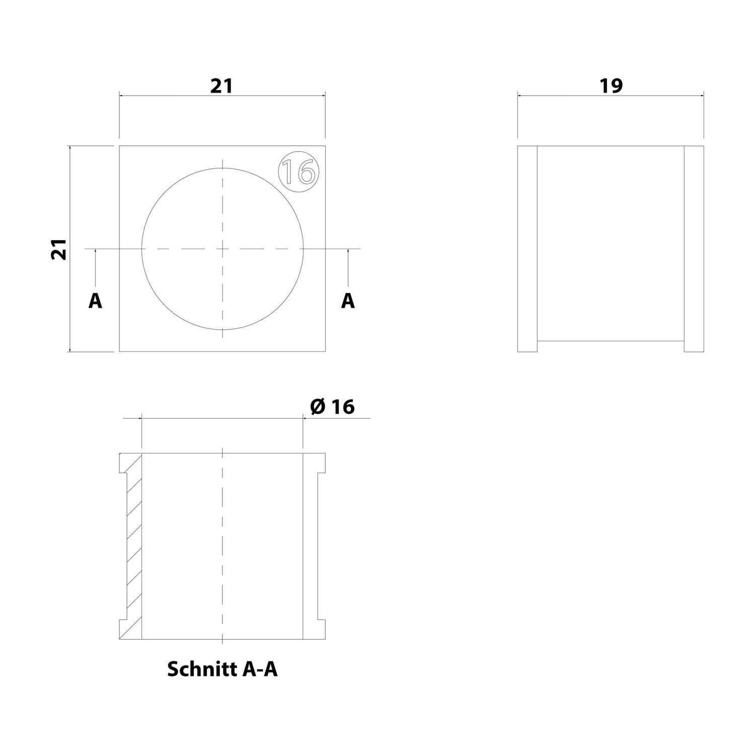 Technische Zeichnung eines zylindrischen Objekts mit einem Durchmesser von 16 mm, einer Höhe von 19 mm und einer Draufsicht von 21x21 mm.