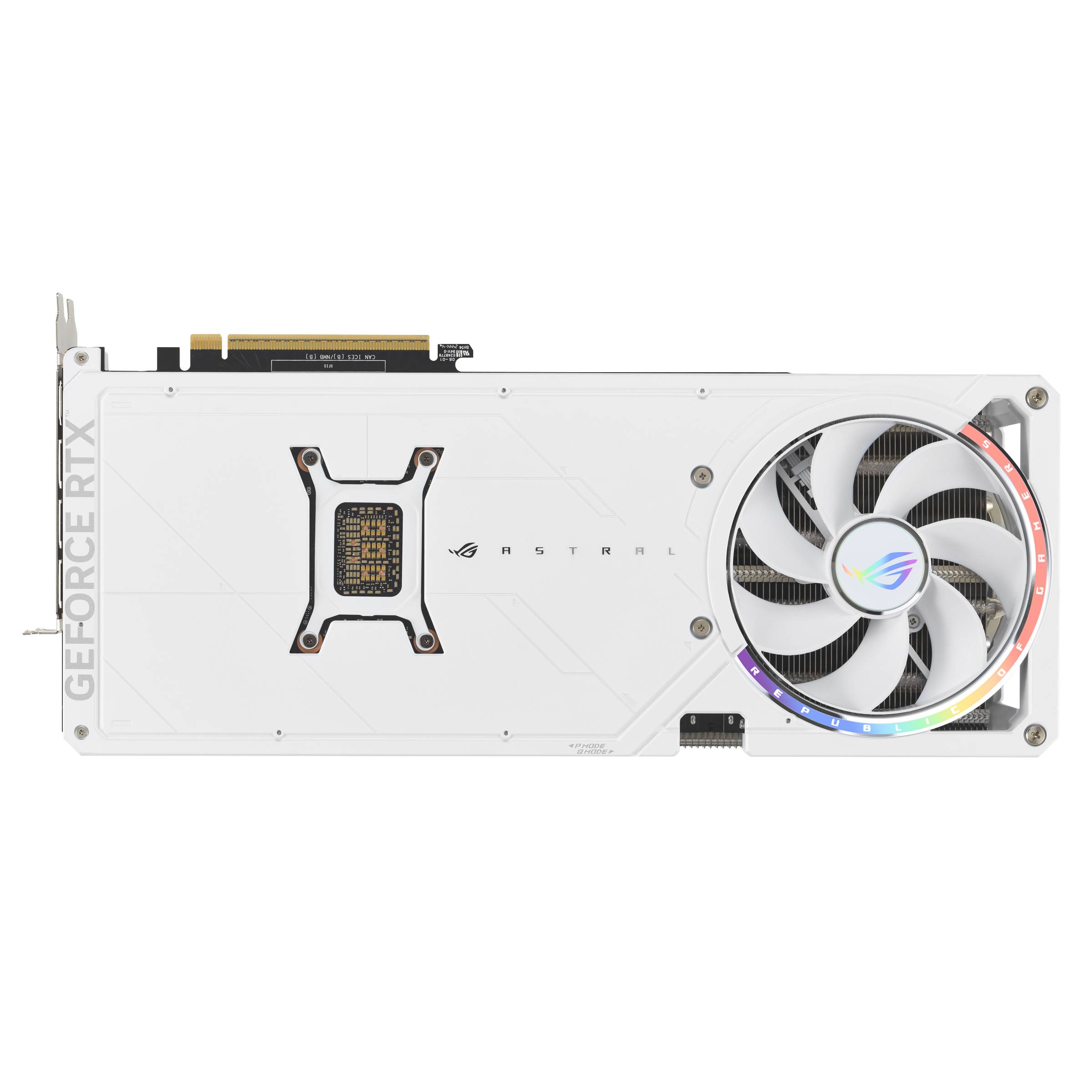 Weiße ASUS ROG Strix GeForce RTX Grafikkarte mit einem großen RGB-Kühlgebläse auf schwarzem Hintergrund.