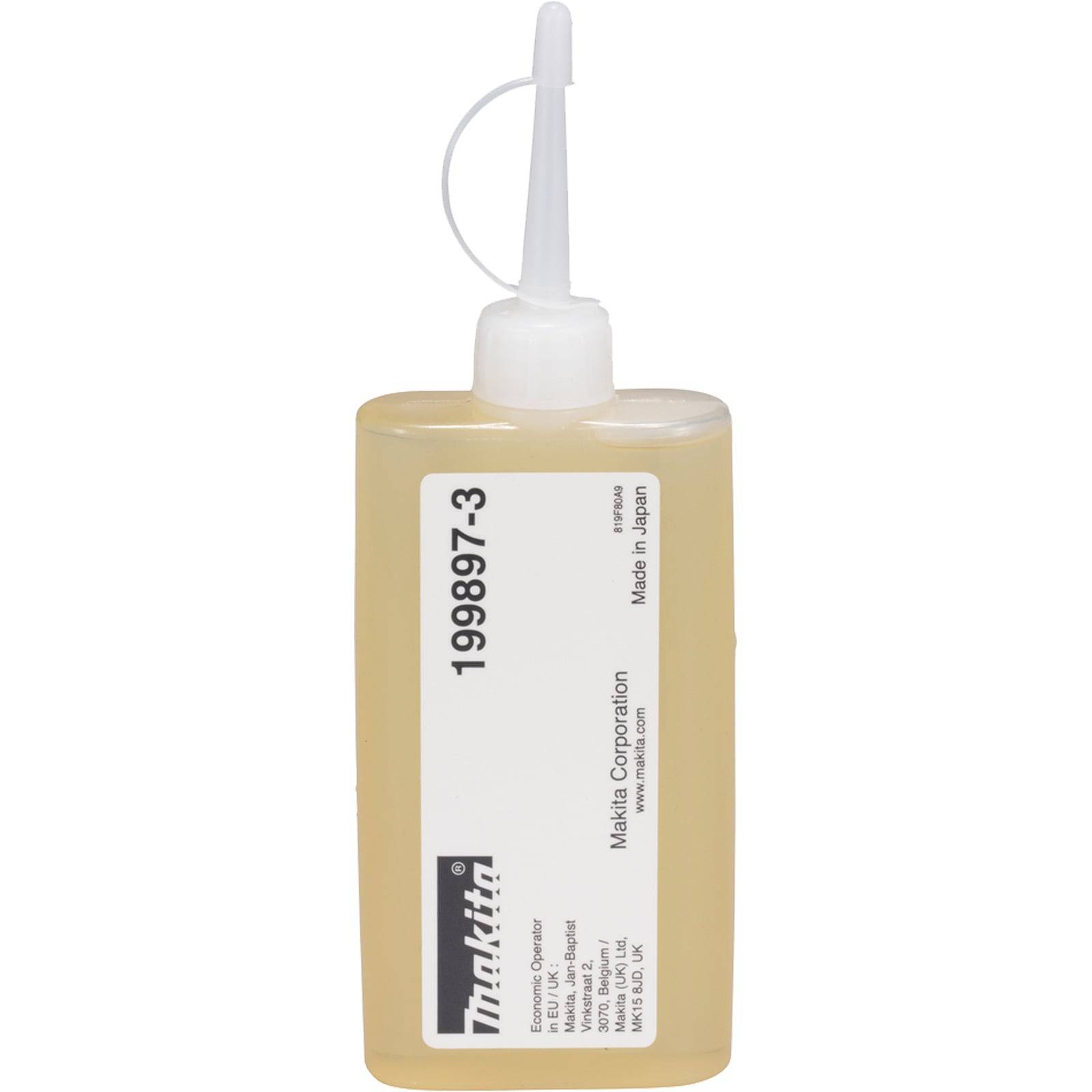 Eine Flasche Makita Super Schmiermittel mit einer spitzen Ausgussöffnung für präzise Anwendung, mit der Bezeichnung '199897-3', enthält 100 ml Öl.