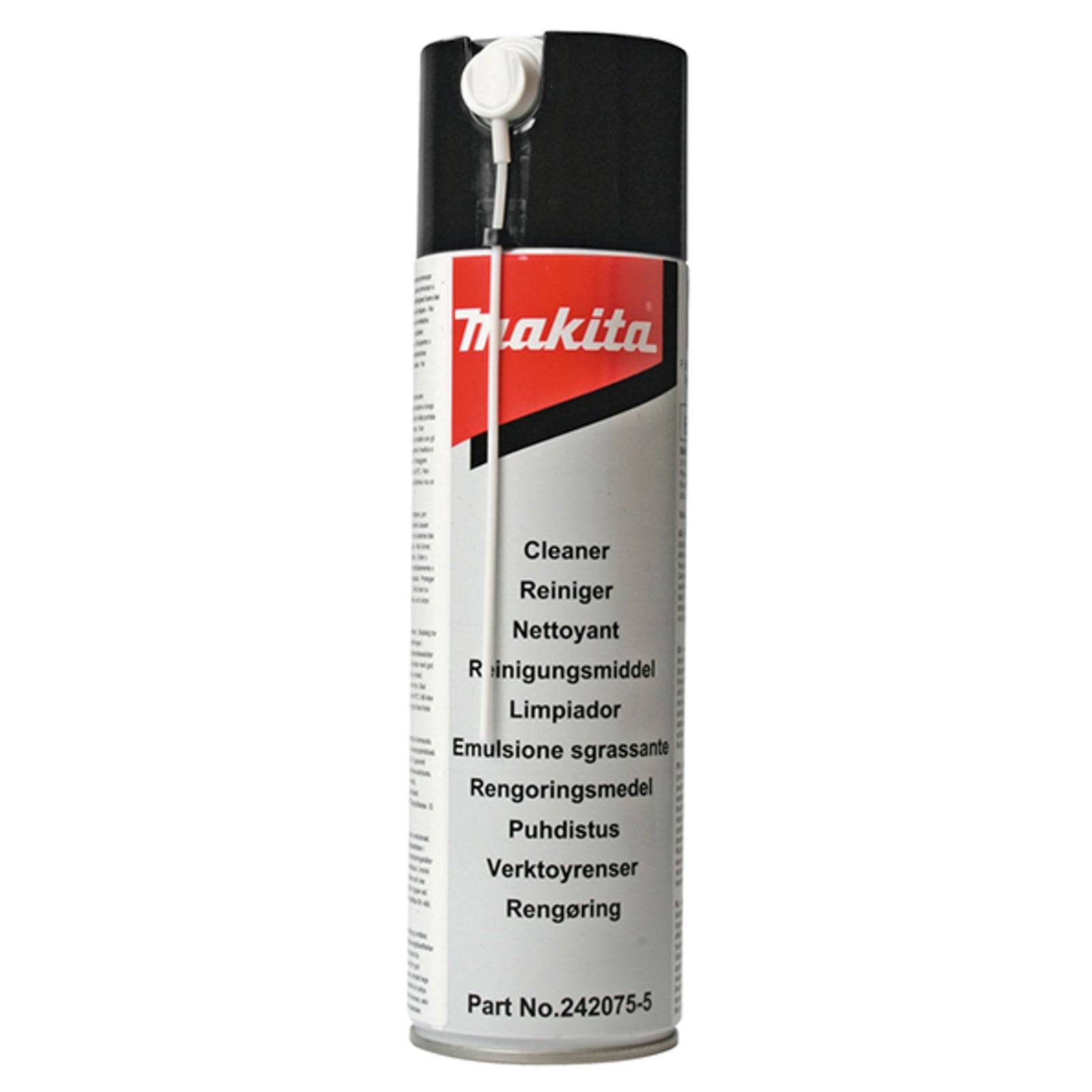 Eine Dose Makita-Reiniger mit schwarzer Kappe und Düse. Etikett zeigt Teilenummer 242075-5 und Reinigungsanweisungen in mehreren Sprachen.