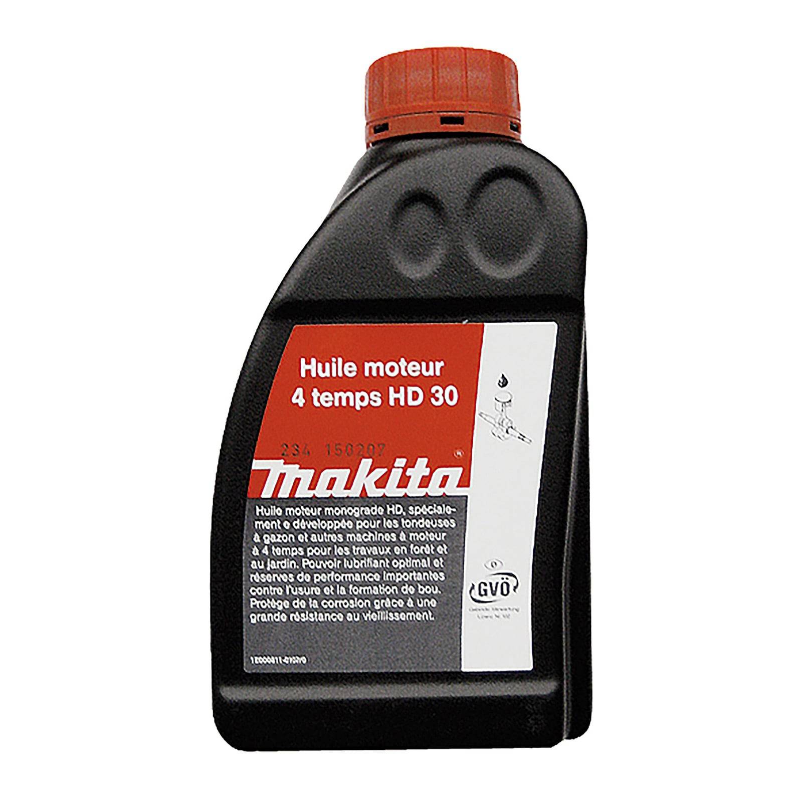 Eine Flasche 'Makita Motoröl 4-Takt HD 30', ein eingradig-Motoröl. Das Etikett enthält Spezifikationen und eine GVÖ-Zertifizierungsmarke.