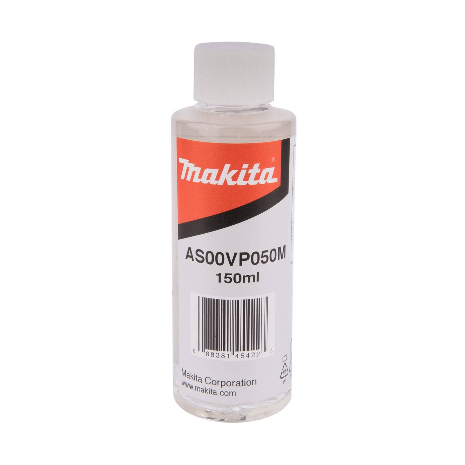 Eine Flasche Makita Schmiermittel mit der Teilenummer AS00VP050M, 150 ml, vor einem weißen Hintergrund.